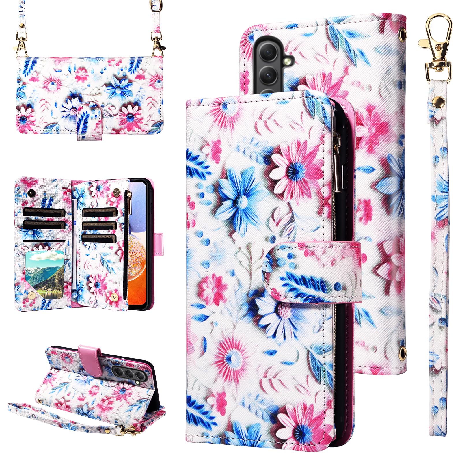 Furill Wallet Case for Samsung Galaxy A35 5G with Wrist Strap Crossbody Shoulder Strap Flower Leather 6+ Card Slots Zipper Purse Credit Card Holder
