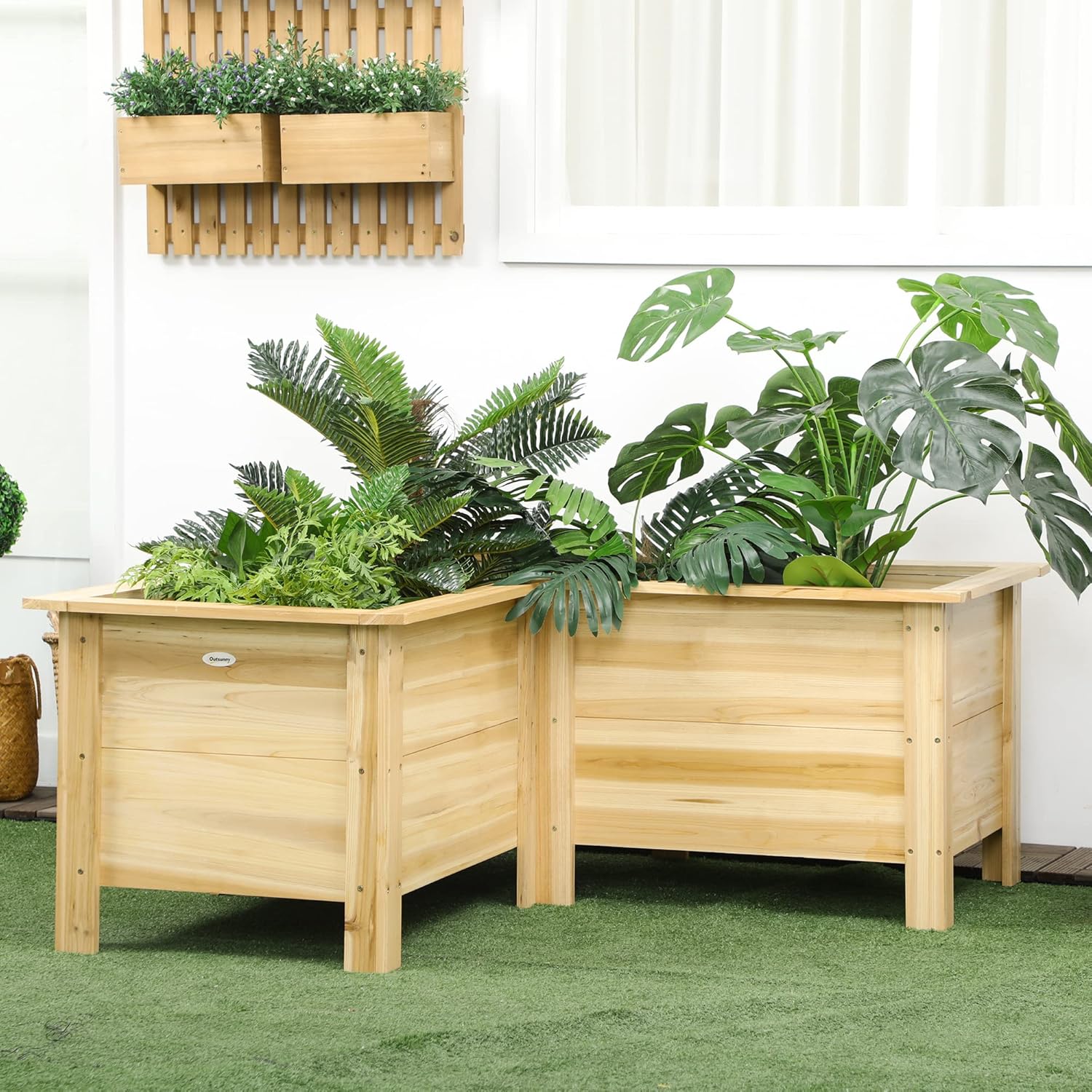 Assembled Outsunny L-Shaped Raised Garden Bed with plants