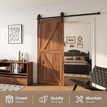 WINSOON Black Big Wheel 11FT Single Sliding Barn Door Hardware Kit with Adjustable Double Roller Barn Door Floor Guide