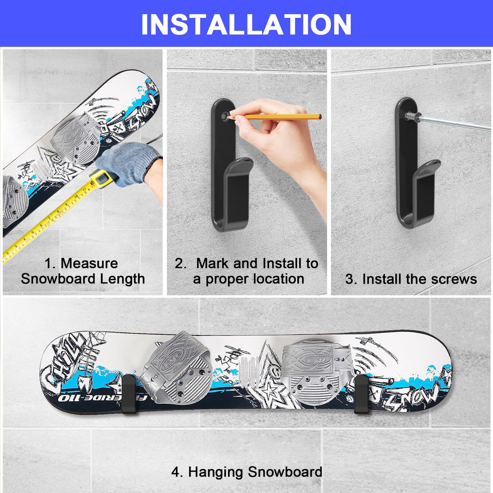 Soporte de Pared para Monopatín, Snowboard Skateboard Wall Mount, Soporte Pared Skate Horizontales, para Tablas de Skate, Longboards y Tablas de Snowboard