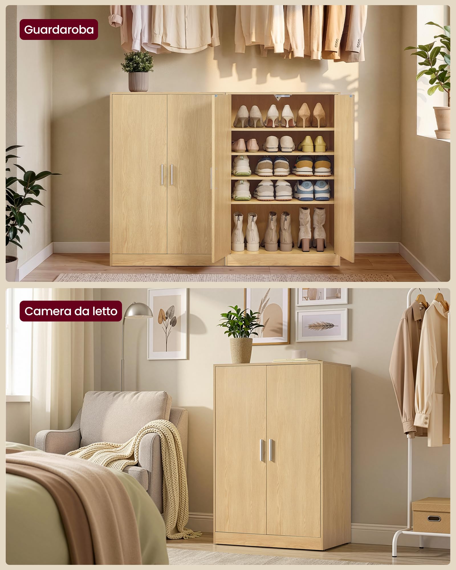 VASAGLE Scarpiera Armadio con Ante, Scarpiera da Ingresso Moderna con Ripiani Regolabili, Mobile Portascarpe Slim, 5 Ripiani, per 12 a 15 Paia di Scarpe, 2 Ante, Beige Rovere HSC501YJ01