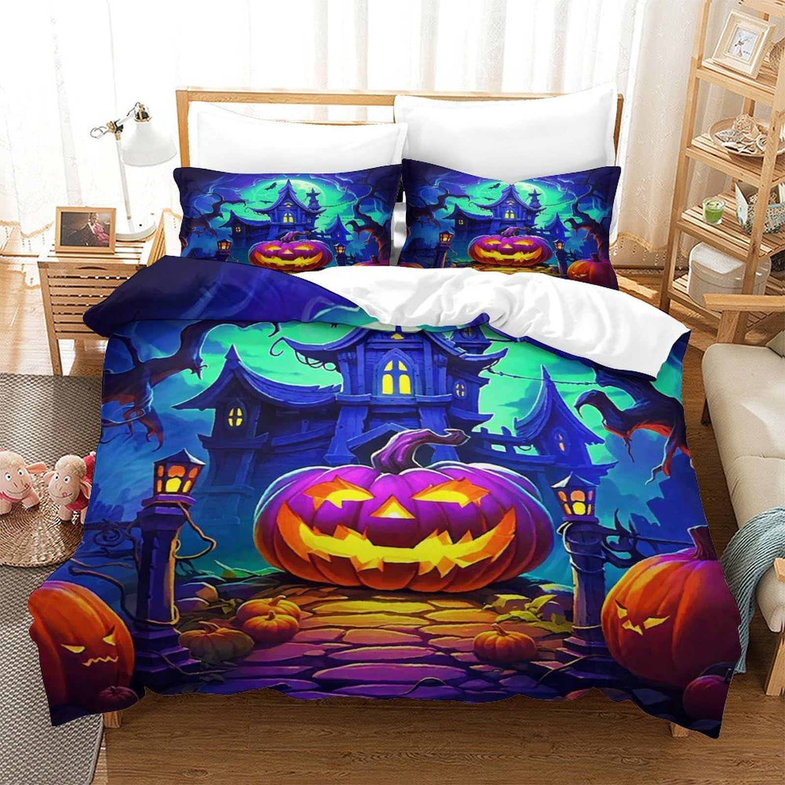 Qtivarlen Style-4 Halloween Style Quilt Cover 3 Pcs With Pillowcases Hotel Quality Microfiber Hidden Design Ultrasoft Stylish Comforter Single（140X200cm）