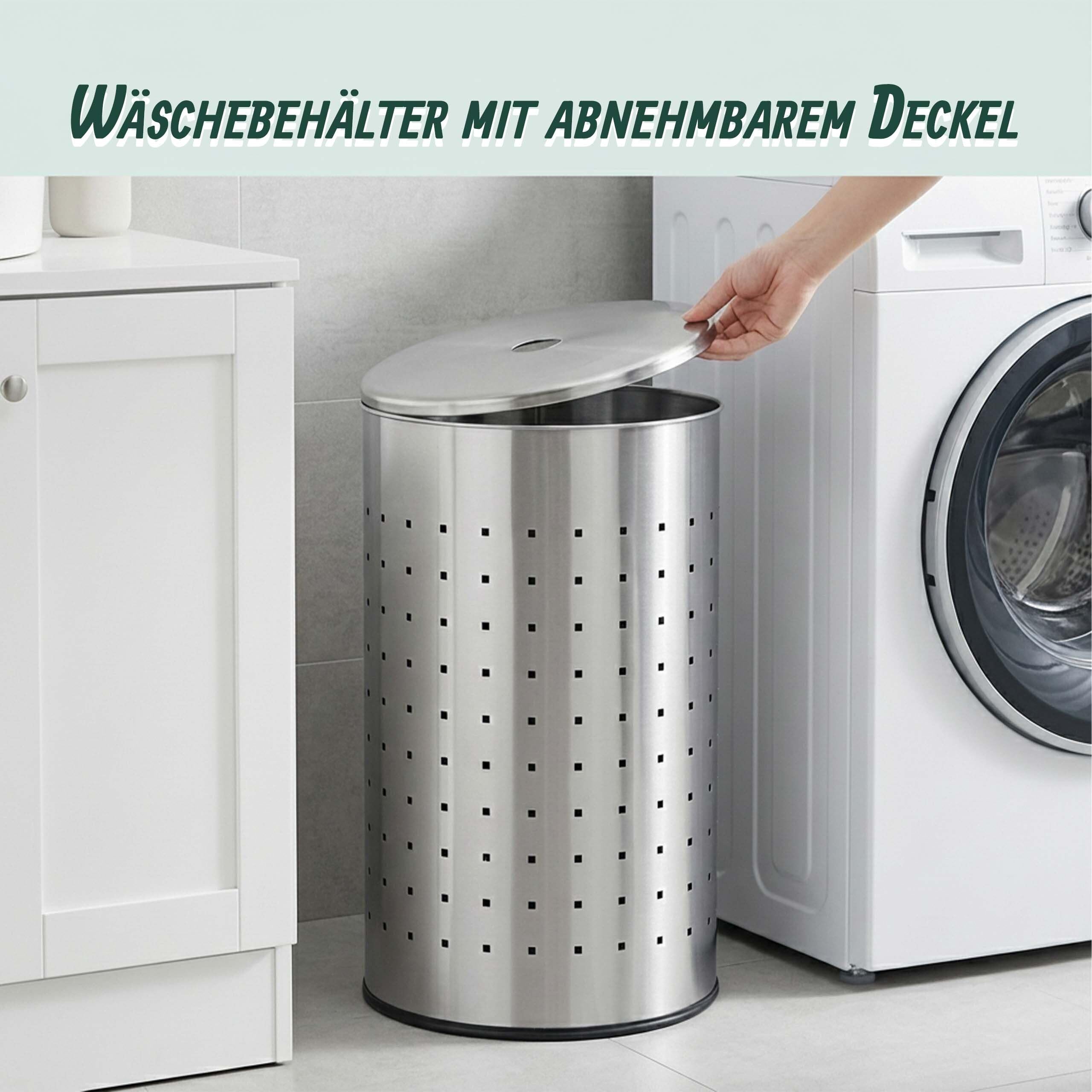Relaxdays, Wäschekorb mit Deckel, Edelstahl, 42 l, HxD: 55 x 31 cm, Wäschesammler mit Löchern, Schmutzwäschekorb, silber