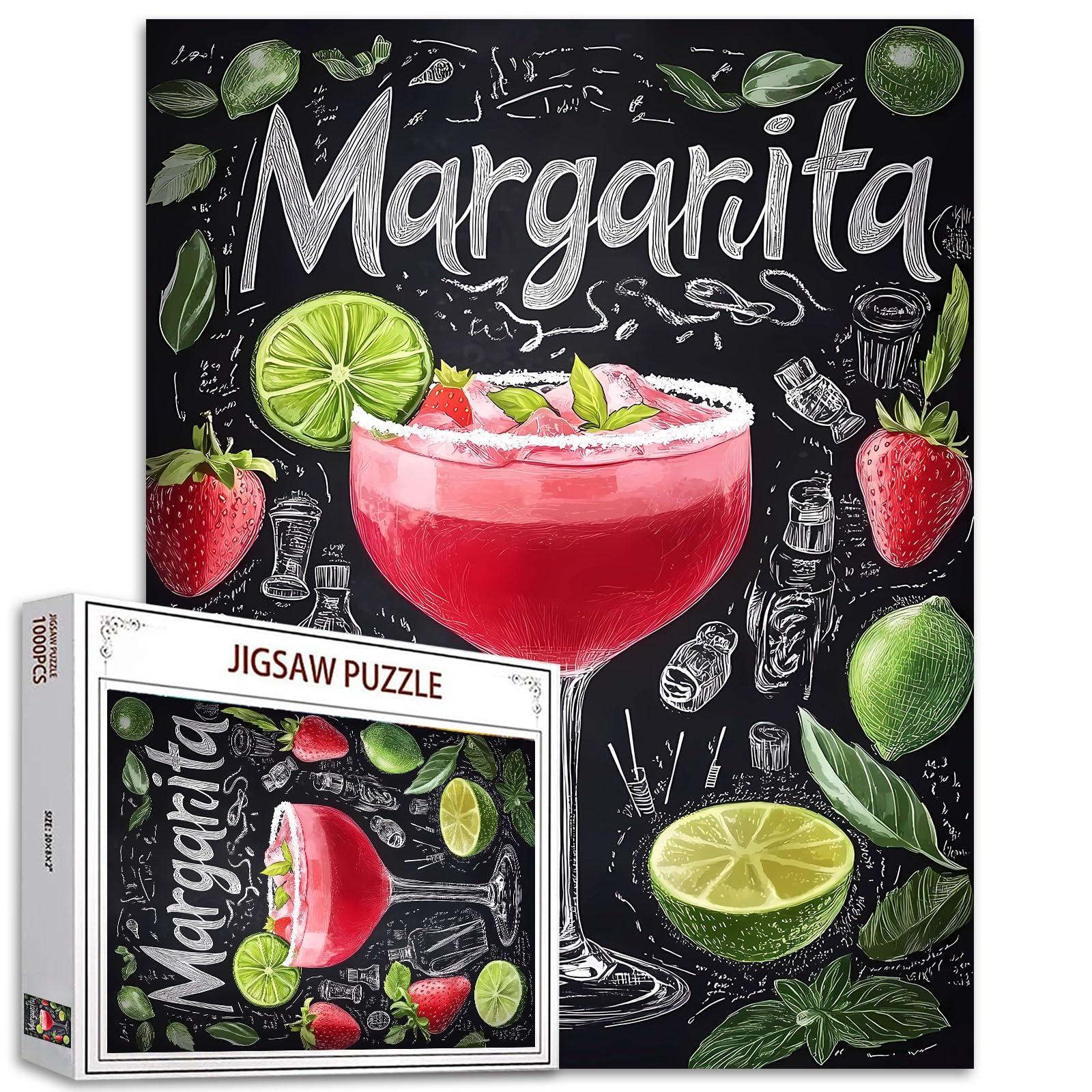 Drink Pictures Jigsaw Puzzle 1000 Pieces Puzzles for Adults,Pink Margarita with Lemons Strawberries Jigsaw Puzzles for Challenging Family Activity Games DIY Puzzle for Home Wall Decor