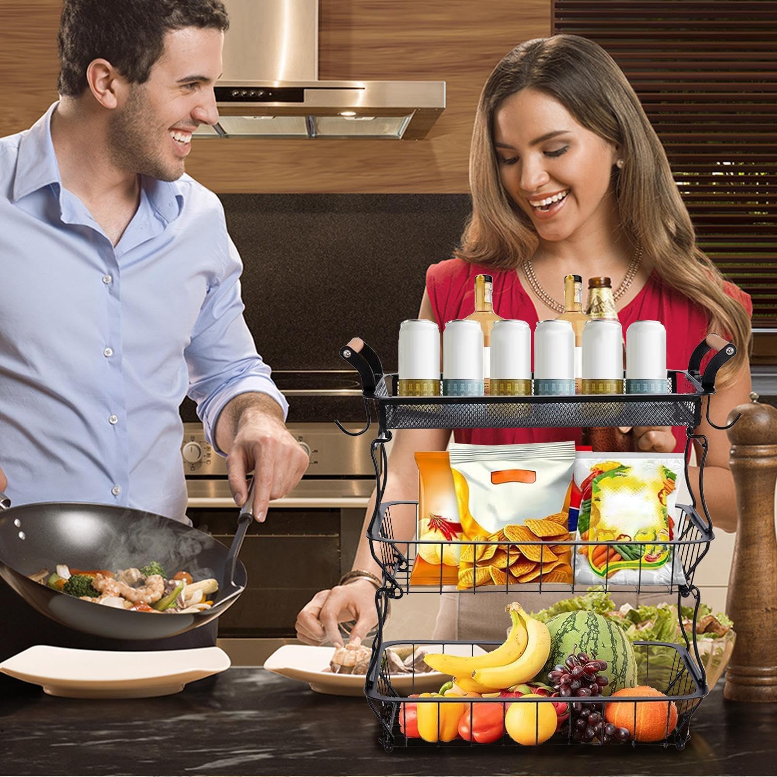 Fruit Basket, Spacious Display, bac de rangement de fruits, 3 niveaux avec rack accrochant, support en métal robuste, design élégant de ferme pour snack et végétal à la maison