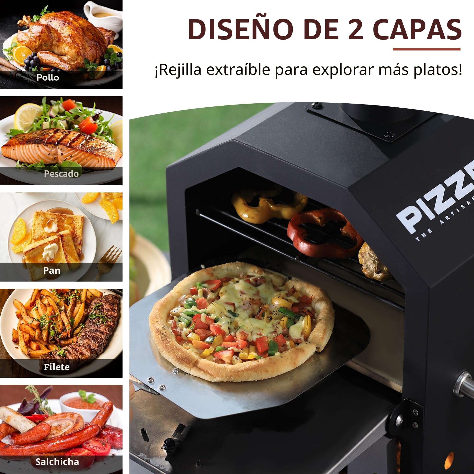 Pizzello Horno de pizza al aire libre de 2 capas de leña, horno de pizza exterior de 12 pulgadas con piedra, pelador de pizza, cubierta, estante de cocina extraíble para camping, patio trasero,
