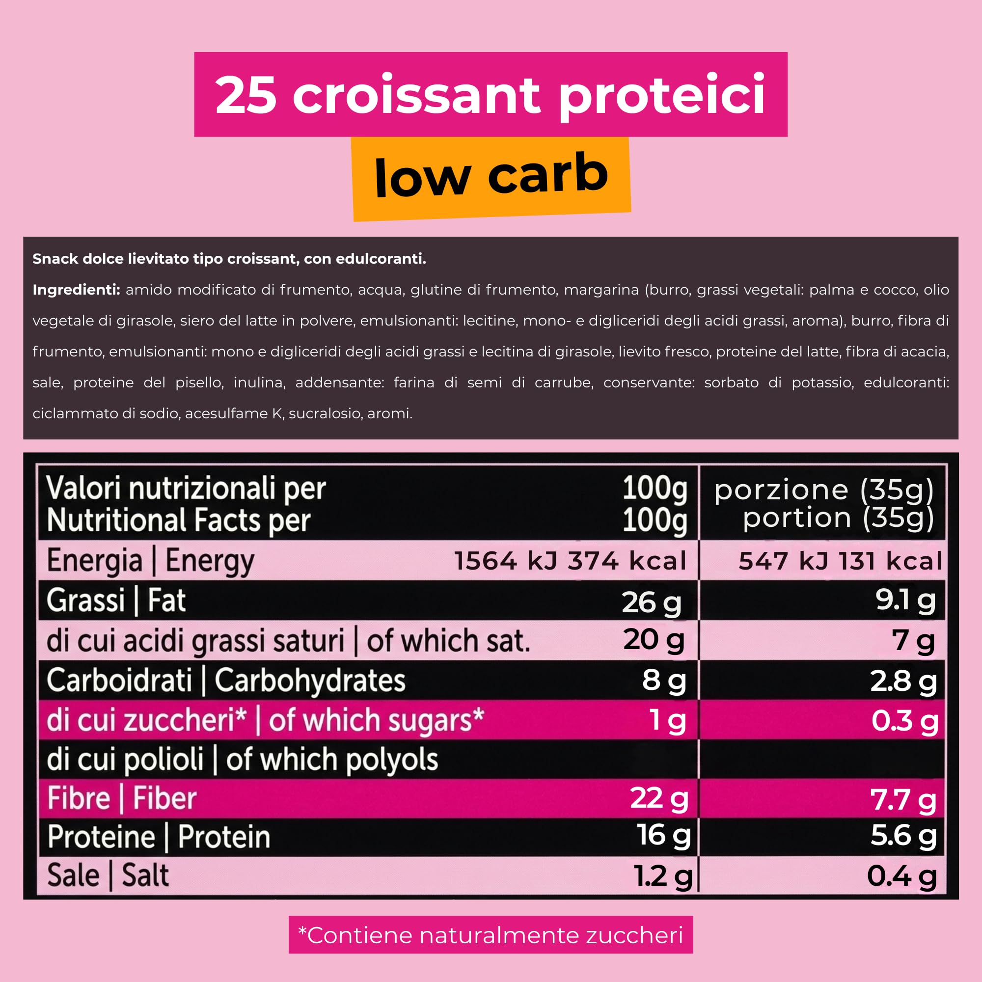 Fitporn - 25 Cornetti Proteici Low Carb al Naturale, Brioches Senza Zucchero Con 16% di Proteine, Ideali per Dieta Chetogenica, a Basso Indice Glicemico
