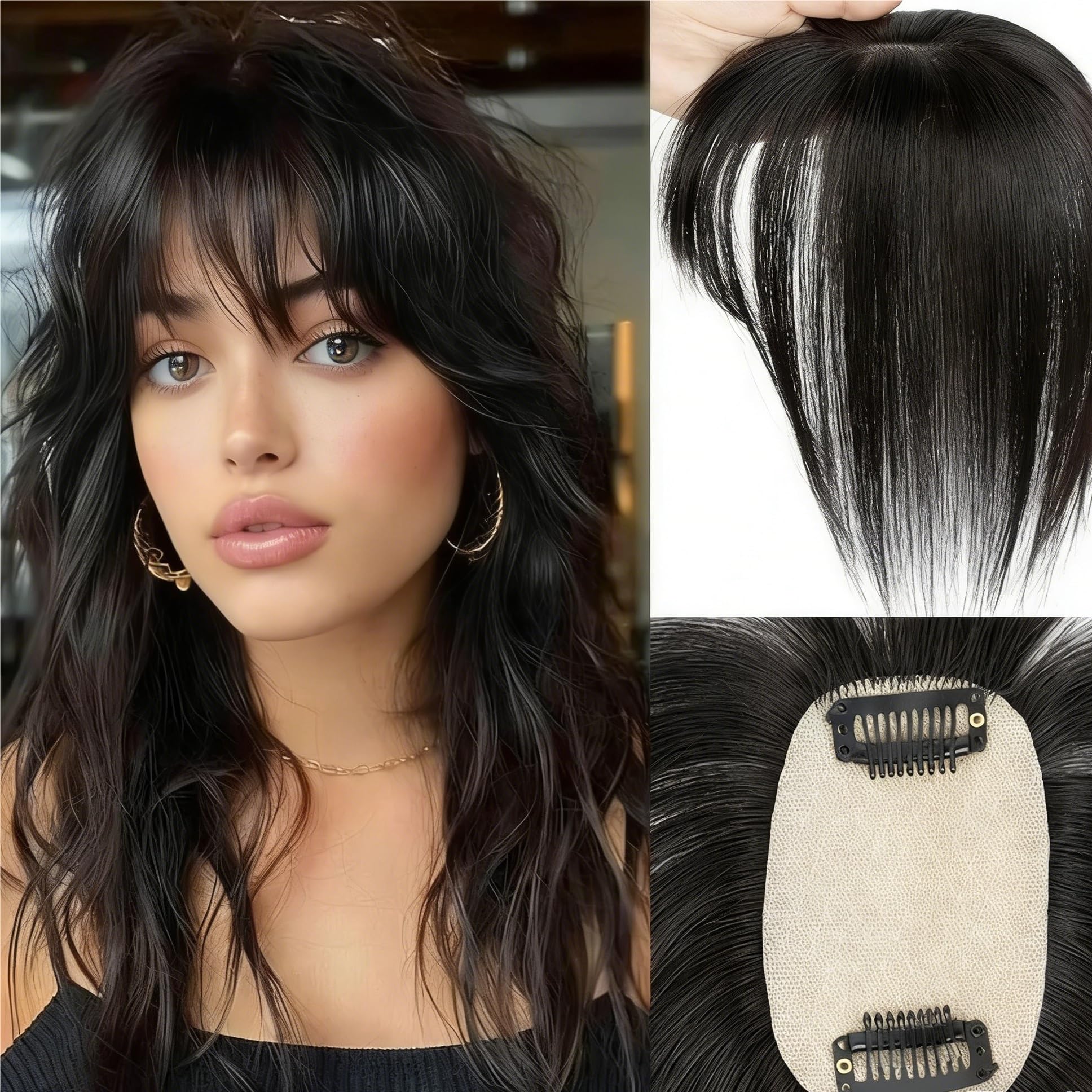 Topper para el pelo de 5 x 9 cm con flequillo, pinza para el pelo marrón y con puntos destacados para mujer (10 inches 25 cm, Light Blonde)