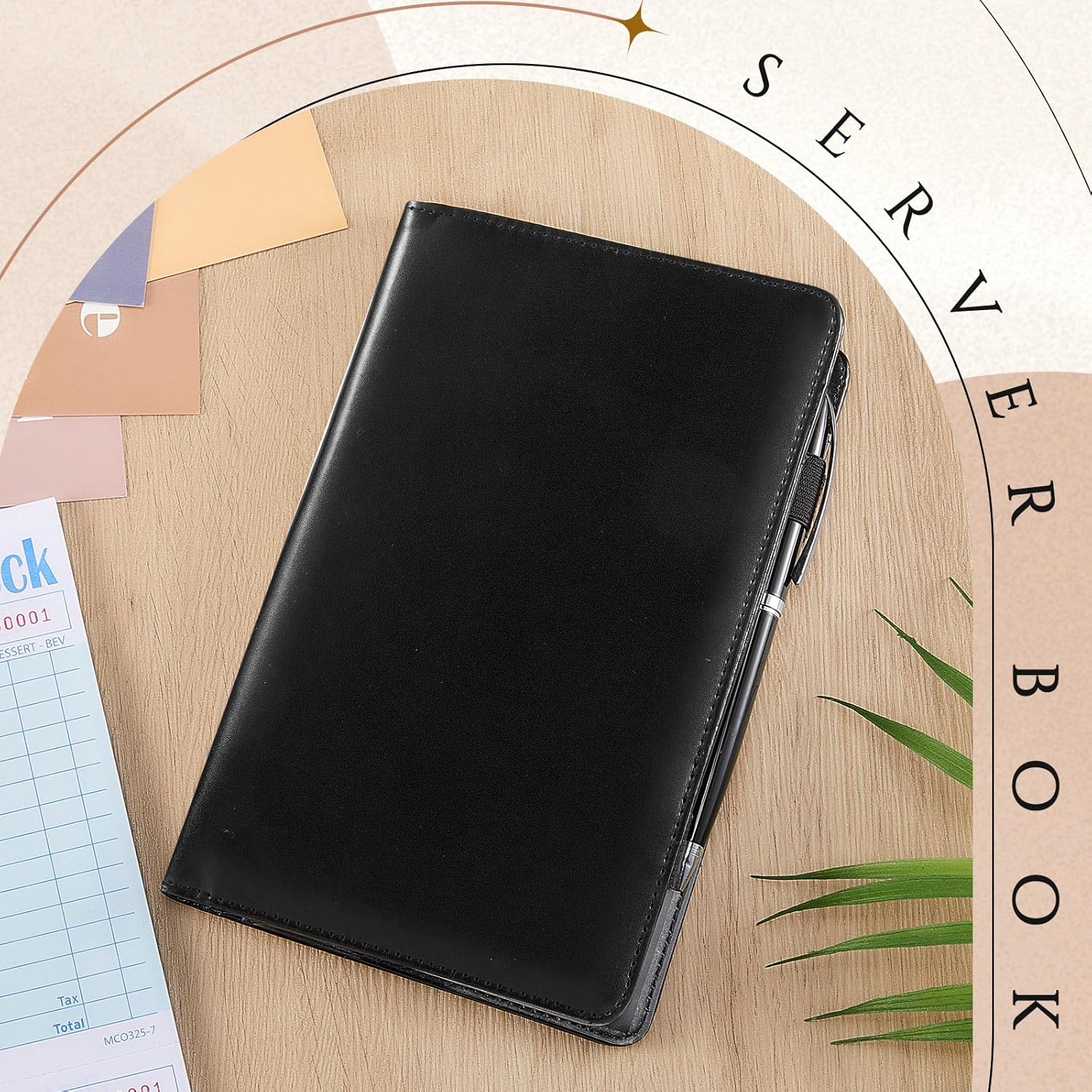 Tenceur 8 Pcs Black Server Books for Waitress PU Leather Waiter Book with Zipper Pocket Wallet Restaurant Guest Check Presenters Card Holder Fit Server Apron for Waitress Waiter Bartender
