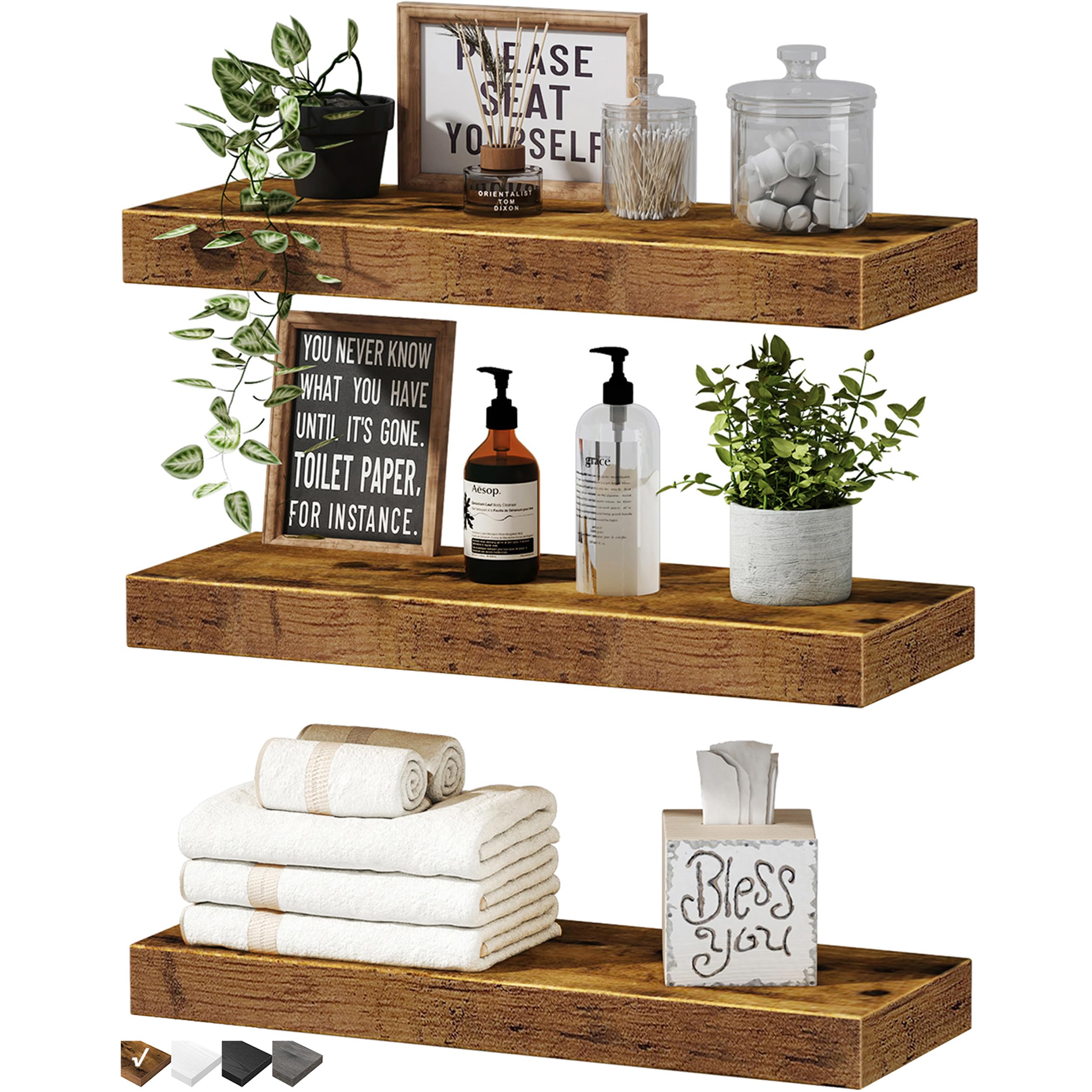 Photo 1 of QEEIG Floating Shelves for Wall Bathroom Shelf Bedroom Kitchen Living Room Hanging Book Shelves Small Farmhouse Decor 16 inch Set of 3, Rustic Brown (015-BN3)