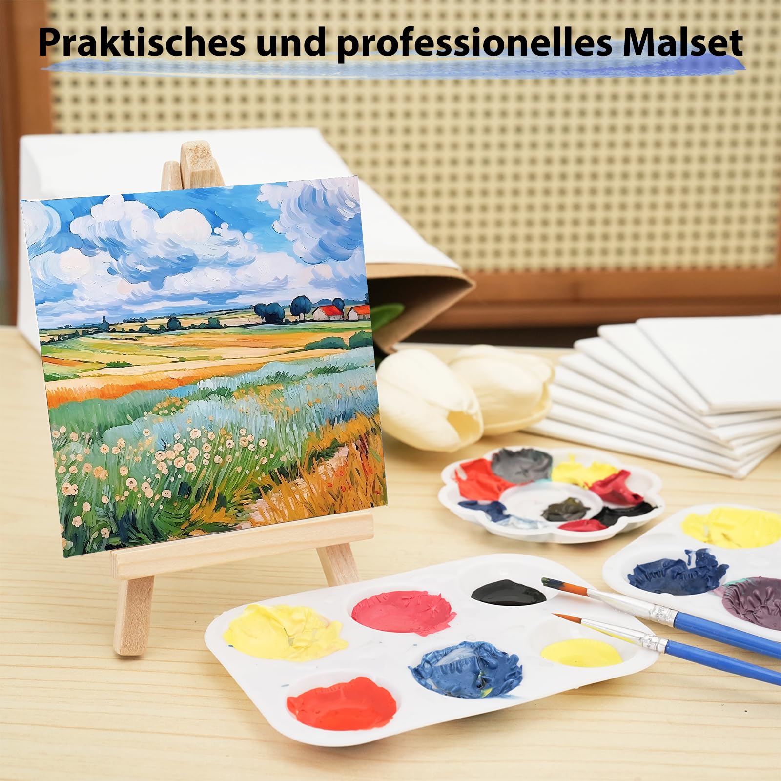 DONQL 50 Stück Mini-Leinwand und Staffelei, verstellbare Holzstaffelei für die Malerei, mit 10,2 x 10,2 cm Leinwand, Pinsel, Malpalette und Acrylfarben für Ölgemälde