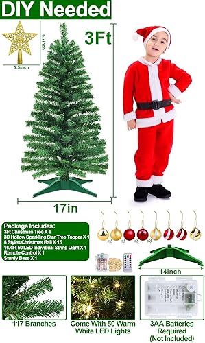 Miniatura 5 de Temporizador y 8 modos Árbol de Navidad de 3 pies con 50 luces cálidas, 15 adornos de bola con control remoto de estrella 3D, funciona con pilas,