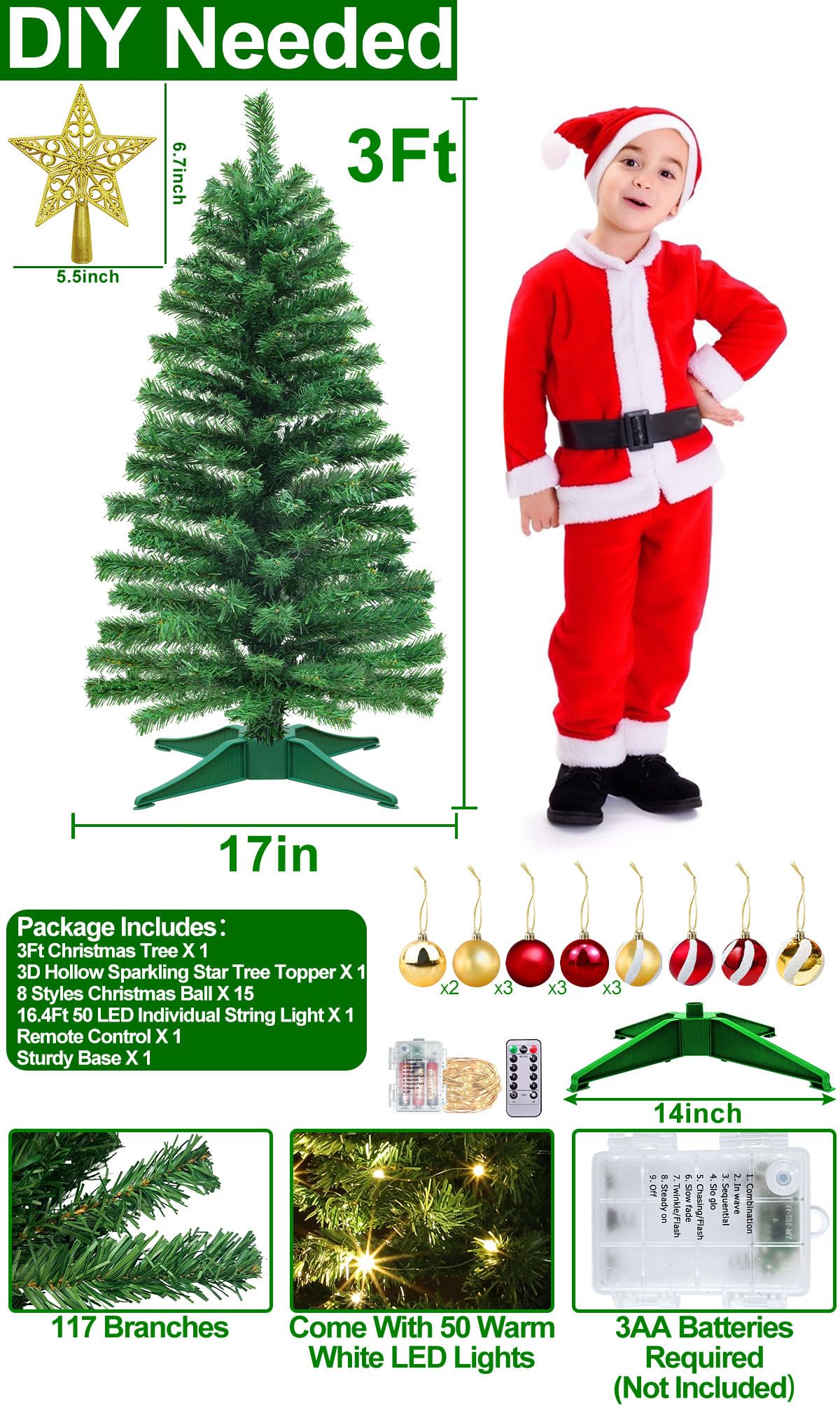 [Control remoto y 8 modos] Árbol de Navidad de 3 pies con temporizador, 50 luces cálidas, 15 adornos de bolas de bricolaje, estrella 3D, funciona con pilas, árbol completo, decoración de Navidad,