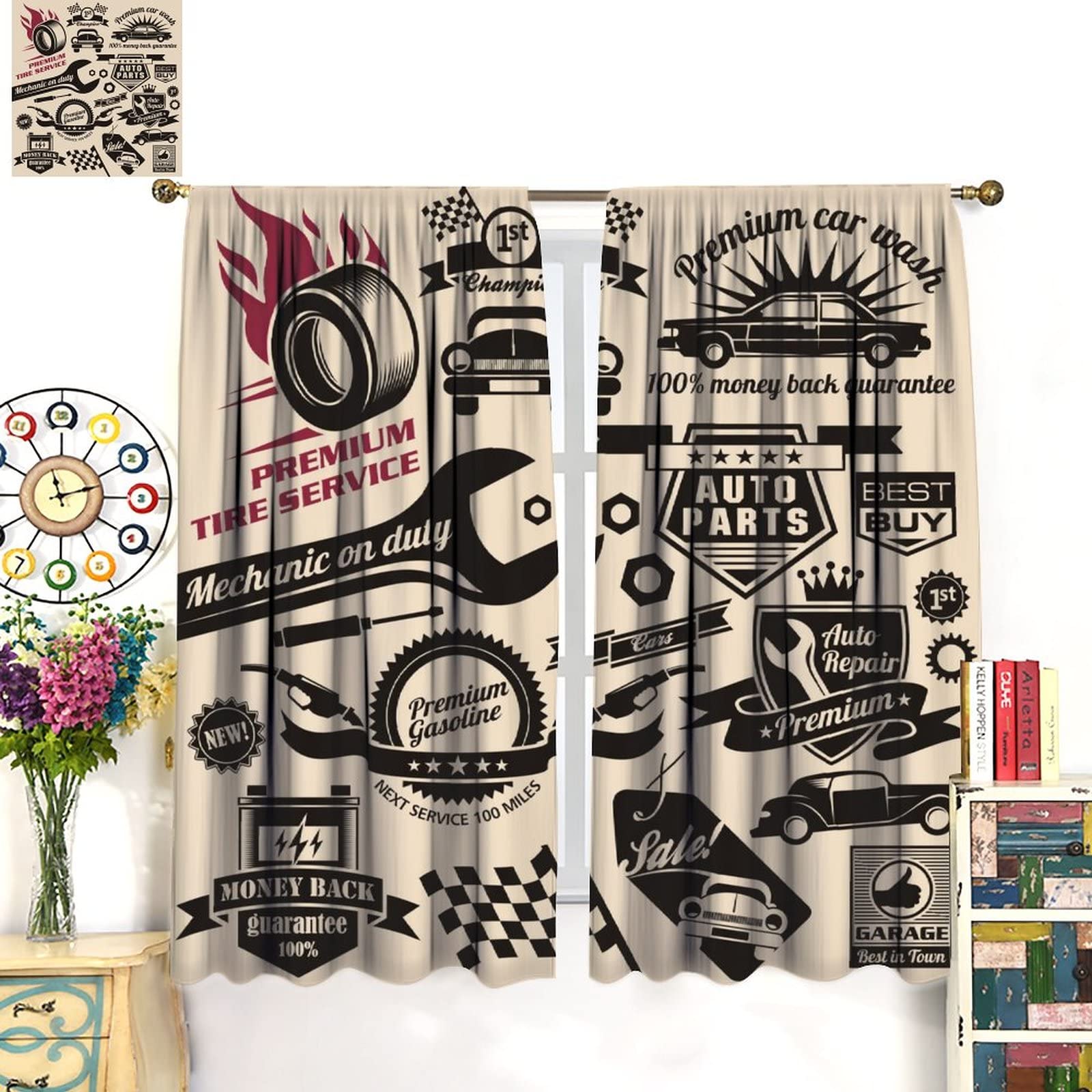 GoDazzling Retro-Duschvorhang „Autowerkstatt“ – 140x183 Cm, Aus Polyester, Mit 12 Haken, Perfekt Für Badezimmer-Deko
