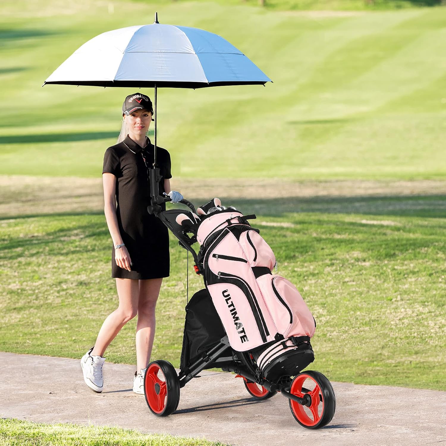 Tangkula Golf Push Pull Cart, Lightweight Aluminum Collapsible 3 Wheels Push Cart, Golf Trolley with Elastic Strap, Umbrella & Cup Holder, Scoreboard Storage & Foot Brake, Golf Cart