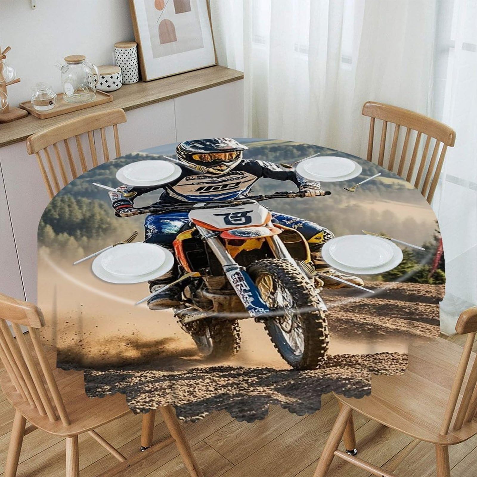FekiLoot 60 Inch Round Motocross Tablecloth Waterproof Heavy Duty Polyester Table Cloth Spill-Proof Wipeable Table Cover Decorative Circle Dining Tablecover for Party Outdoor
