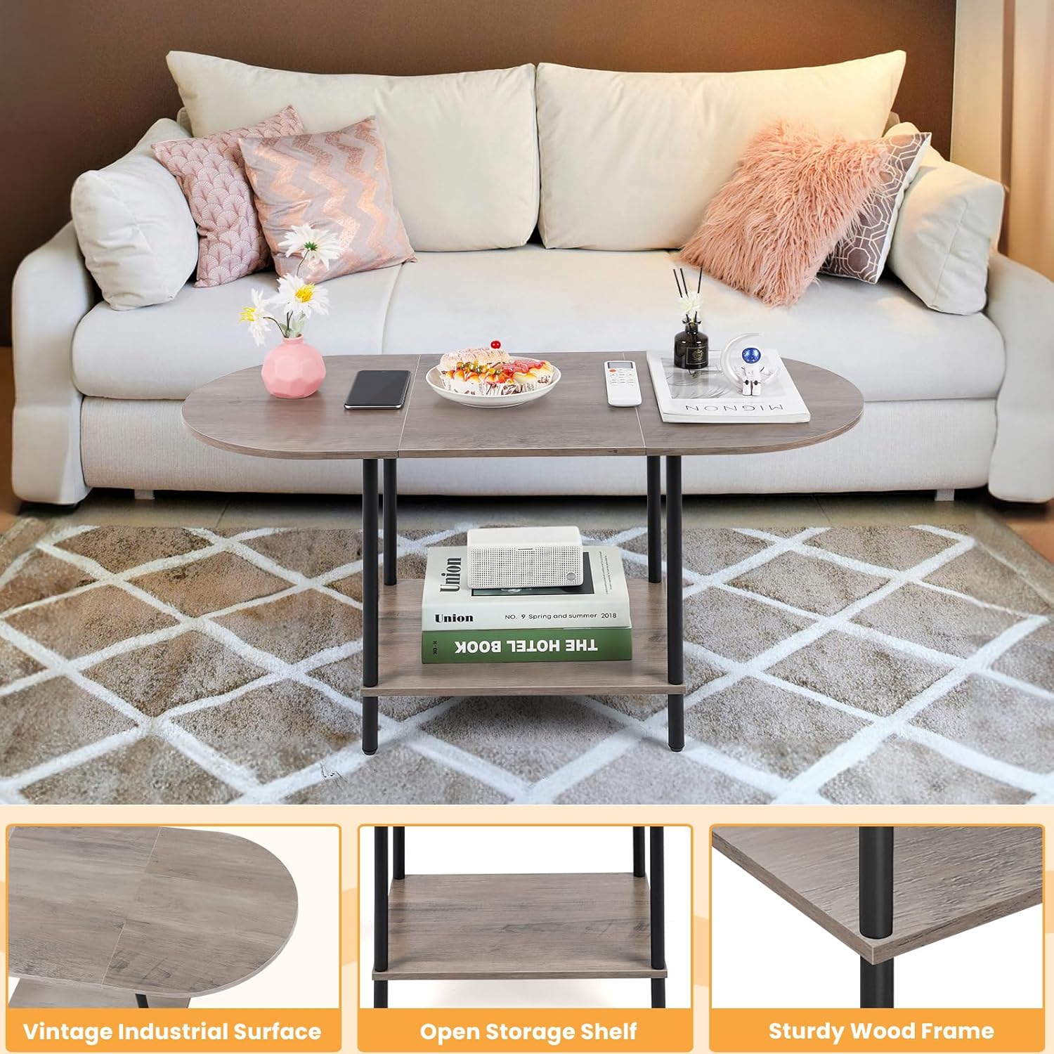 Shinoske Coffee Tables for Living Room,2-Tier Small Oval Center Table Industrial Modern Style Coffee Tables with Storage Shelf and Wood Tabletop for Small Space,Home Office,Rustic Grey
