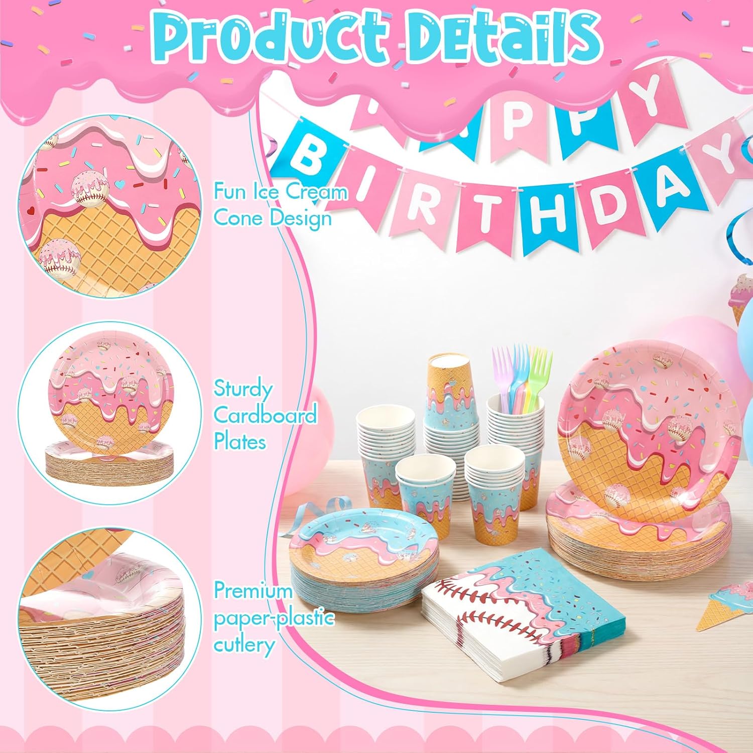 Remerry 240 Pcs Ice Cream Drip Baseball Party Supplies Disposable Baseball Ice Cream Drip Tableware Kits Included Plates Napkins Fork Cups for Sport Birthday Baby Shower Parties Decorations