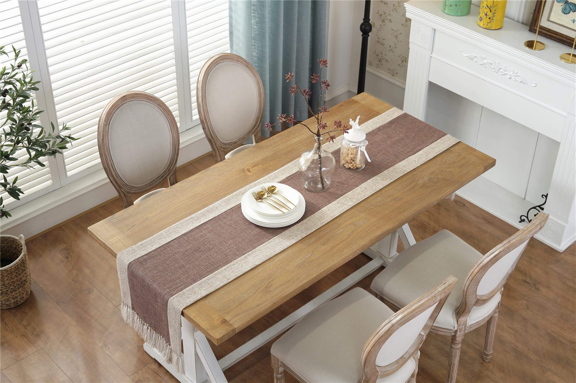 Tavola Runner Lino Cotone, Runner Cucina Marrone con Nappa Runner Da Tavola Lavabile, 38x220CM