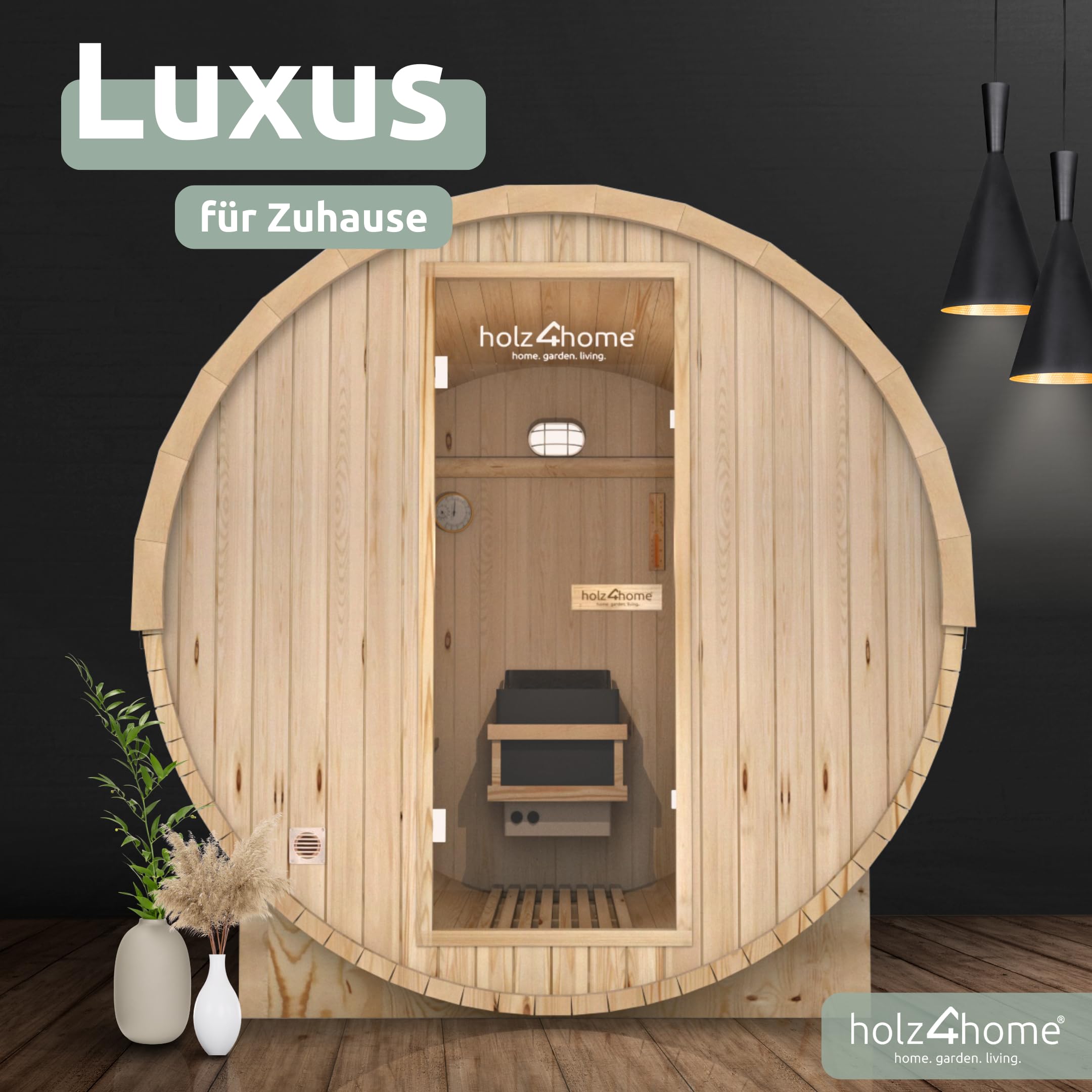 holz4home® Fasssauna Pini Wood inkl. Elektroofen I Gartensauna aus Fichtenholz I Aussensauna Saunafass Sauna für Terrasse Aussenbereich (Sauna L)