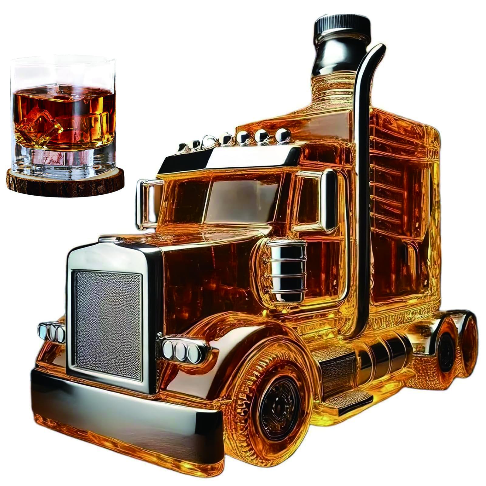 Karafka Whisky w Kształcie Ciężarówki 375 ml – Grube Szkło z Korekiem Łatwego Napełniania, dla Kierowców, Kolekcjonerów, Domowego Baru i Man Cave C