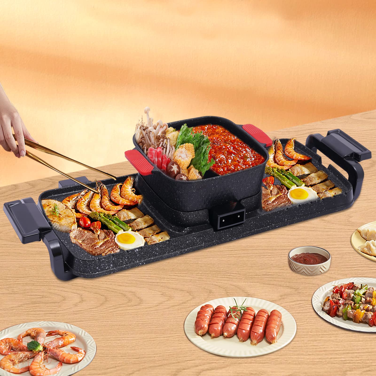Appareil Fondue Chinoise Hot Pot Electrique BBQ – Barbecue Thaï Barbecue Coréen Intérieur électrique, barbecue électrique 220V 2200W Hotpot Wok BBQ Raclette