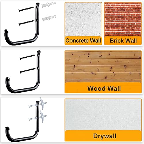 Miniatura 7 de KURUI Ganchos de pared para garaje y jardín, juego de 4 soportes para manguera de agua, gancho grande de almacenamiento para garaje para escalera,