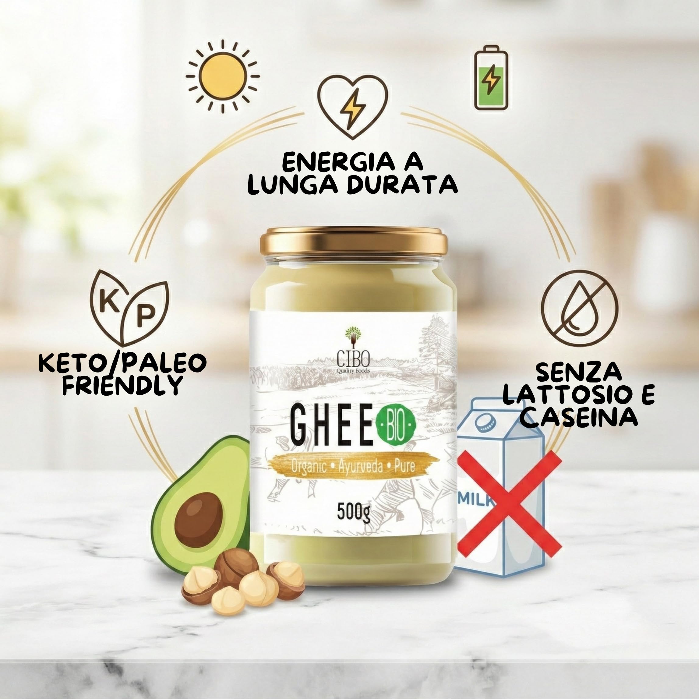 Cibo Burro Ghee Biologico 500gr - Latte di Parma e Reggio Emilia - Prodotto in Italia - Mucche al Pascolo - Punto di Fumo 250°C - Da Panna Centrifugata