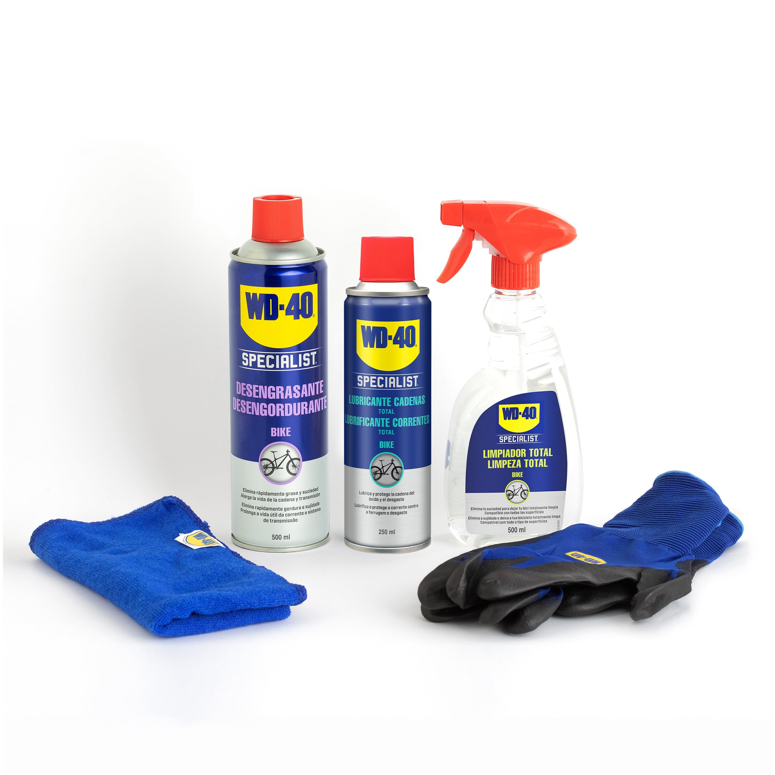 Kit Total para Mantenimiento de bicicletas WD-40 Specialist (Desengrasante + Limpiador Total + Lubricante Total + Paño + Guantes)