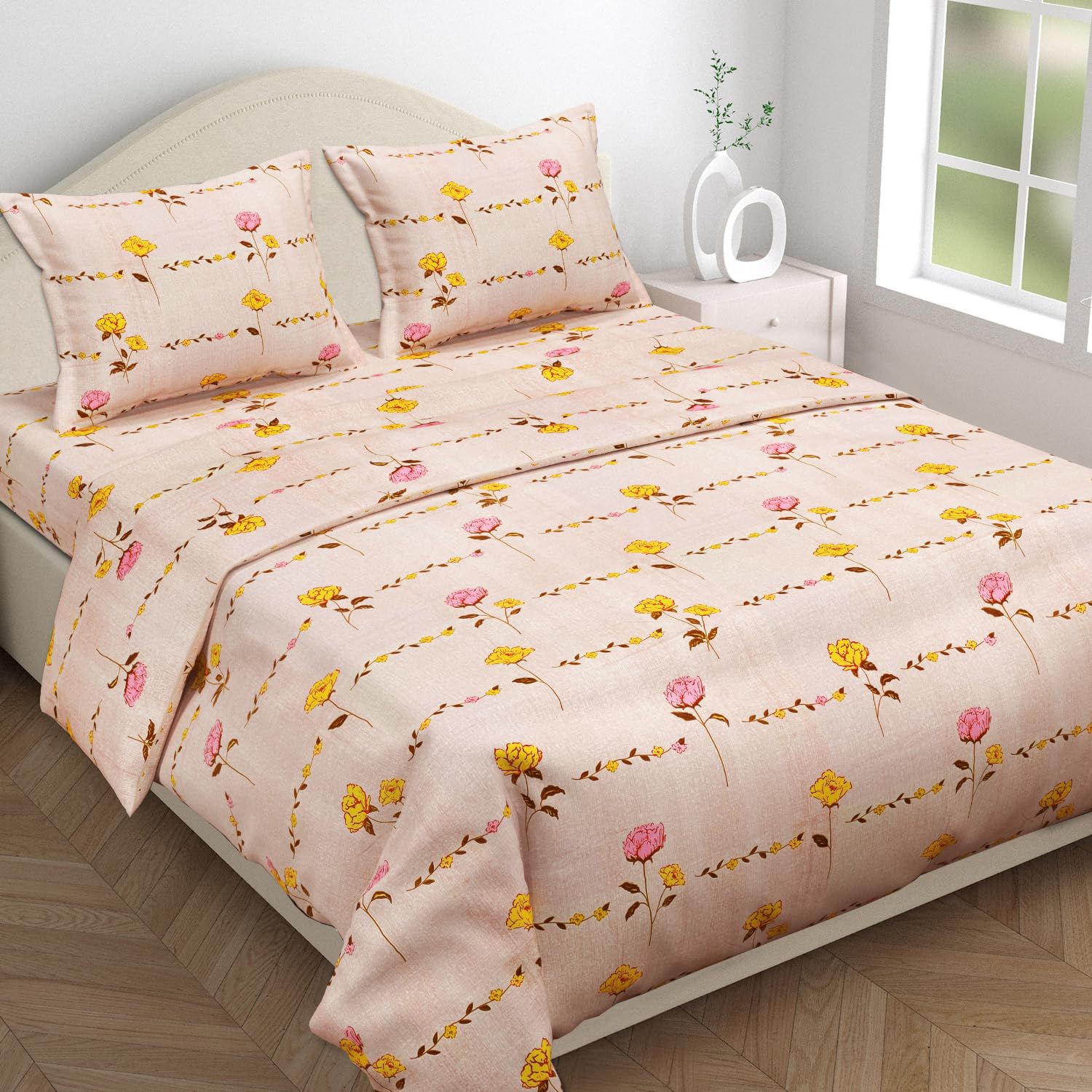 BSB HOME Kingston Collection Super King Size Bedsheets with 2 King Size Pillow Covers| Luxury Soft Sheets (3pcs Set) |108x108 inches, Leaf Printed (Floral, Beige and Yellow)