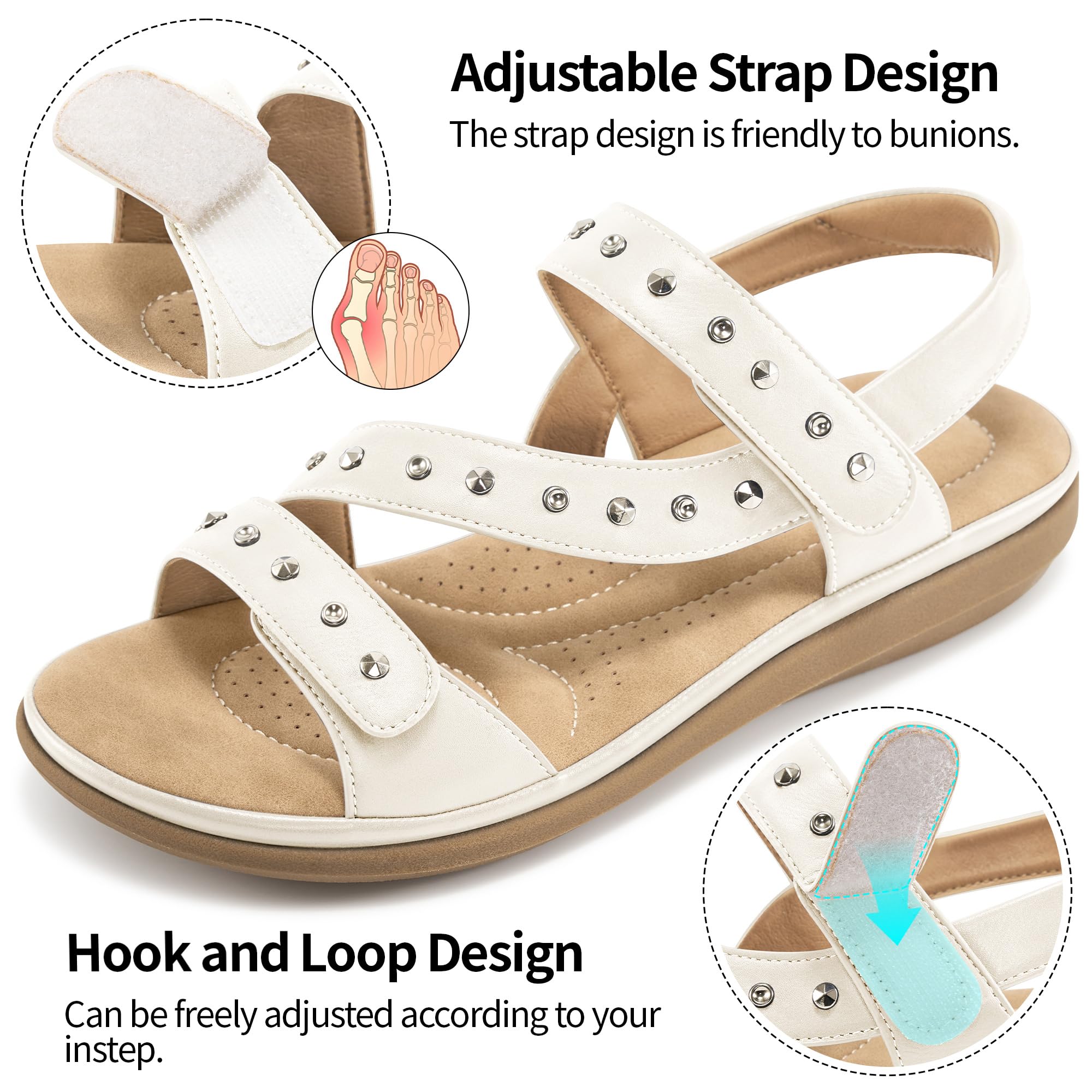 Almusen Womens Flats Sandals Dressy: Ladies Adjustable Walking Sandal Comfortable Orthopedic Shoes for Outdoor Hiking