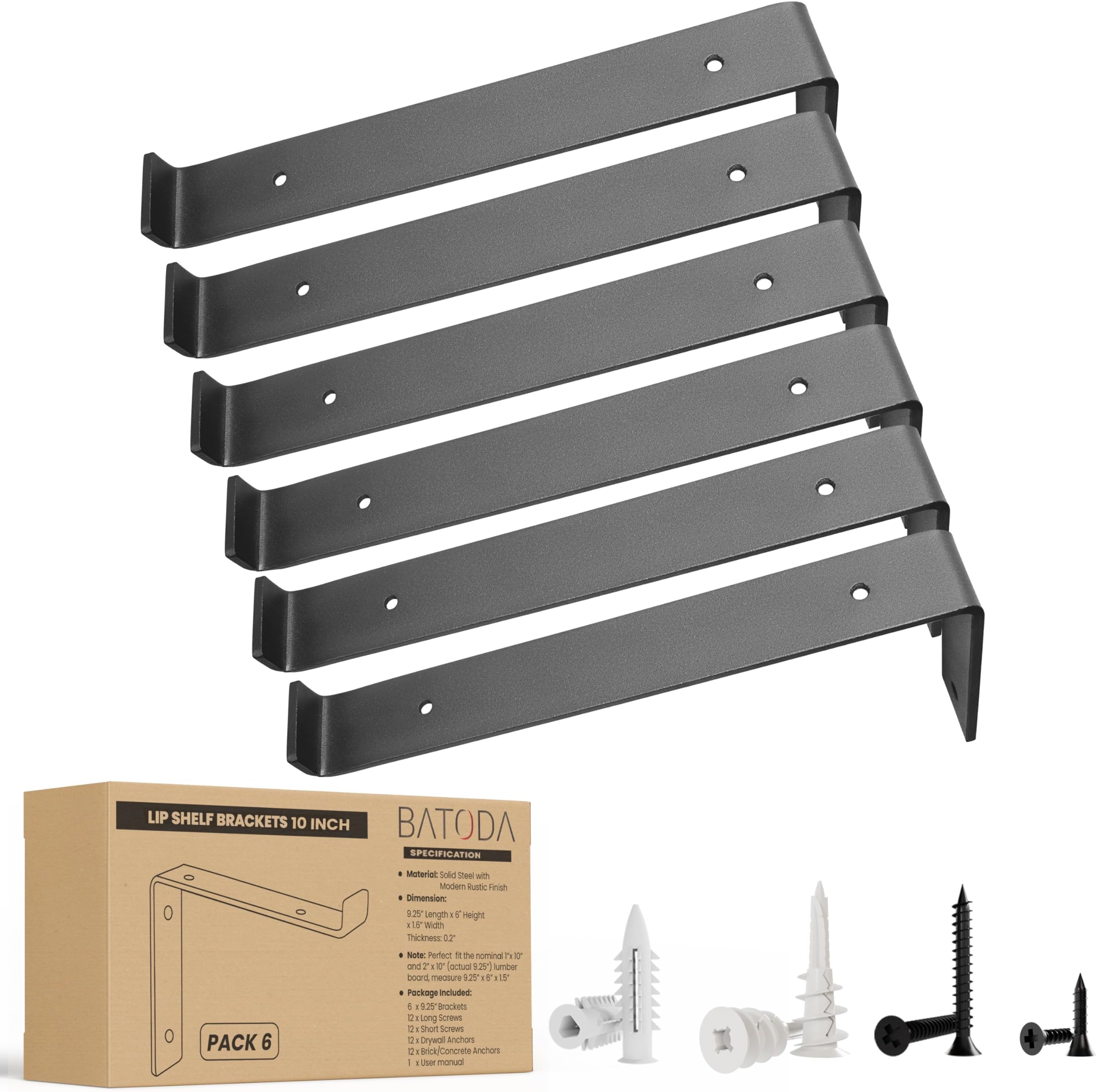 BATODA 10” Shelf Brackets with Lip (Match 9.25" Board) - 6 Pcs Z Shelf Bracket Black - Heavy Duty Hook Brackets for Shelves - Wall Mounted Support for DIY - Shelving Hardware Included (Pack 6)