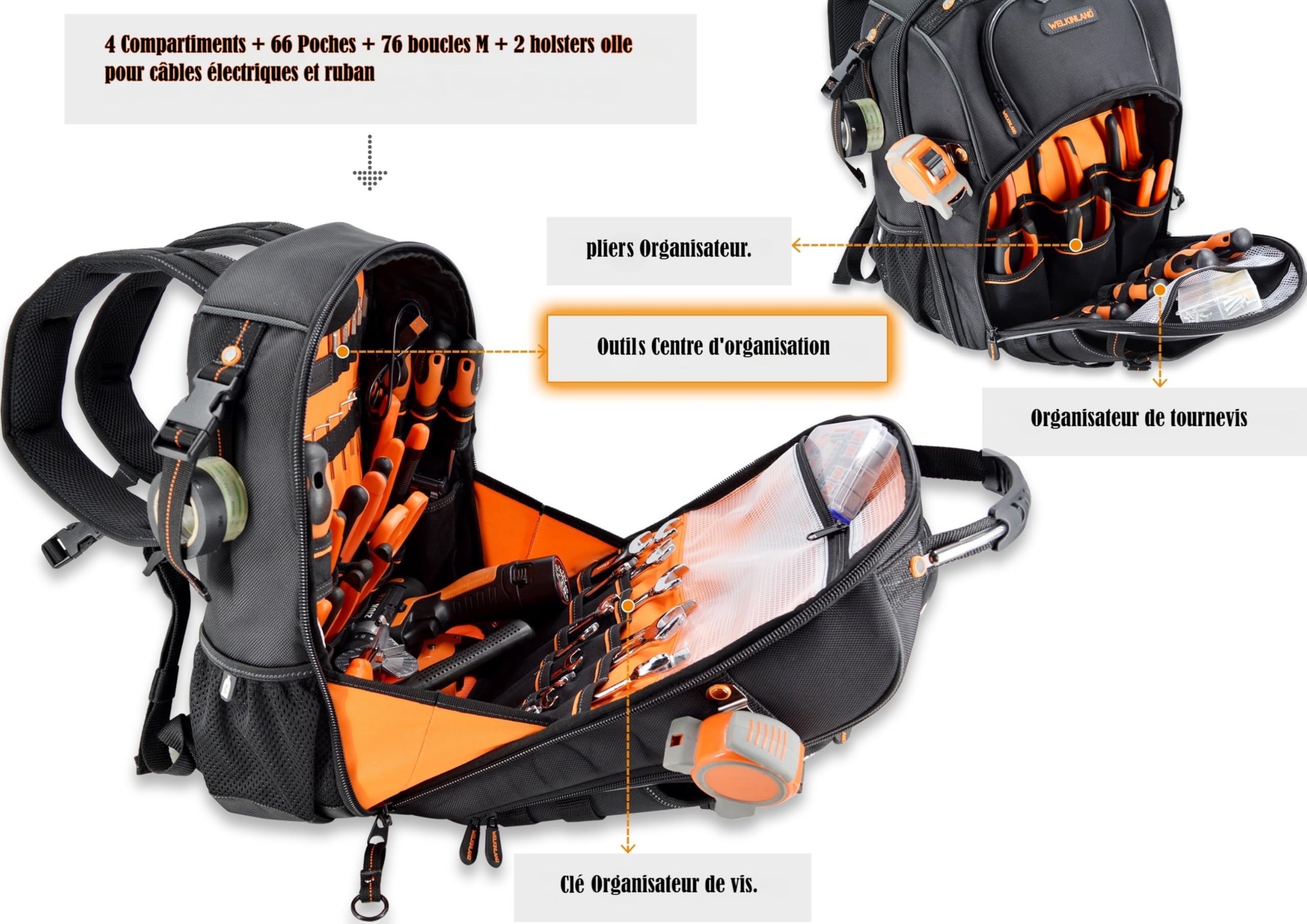 Sac à outils 66 poches, sac à dos robuste pour électriciens, construction, hommes