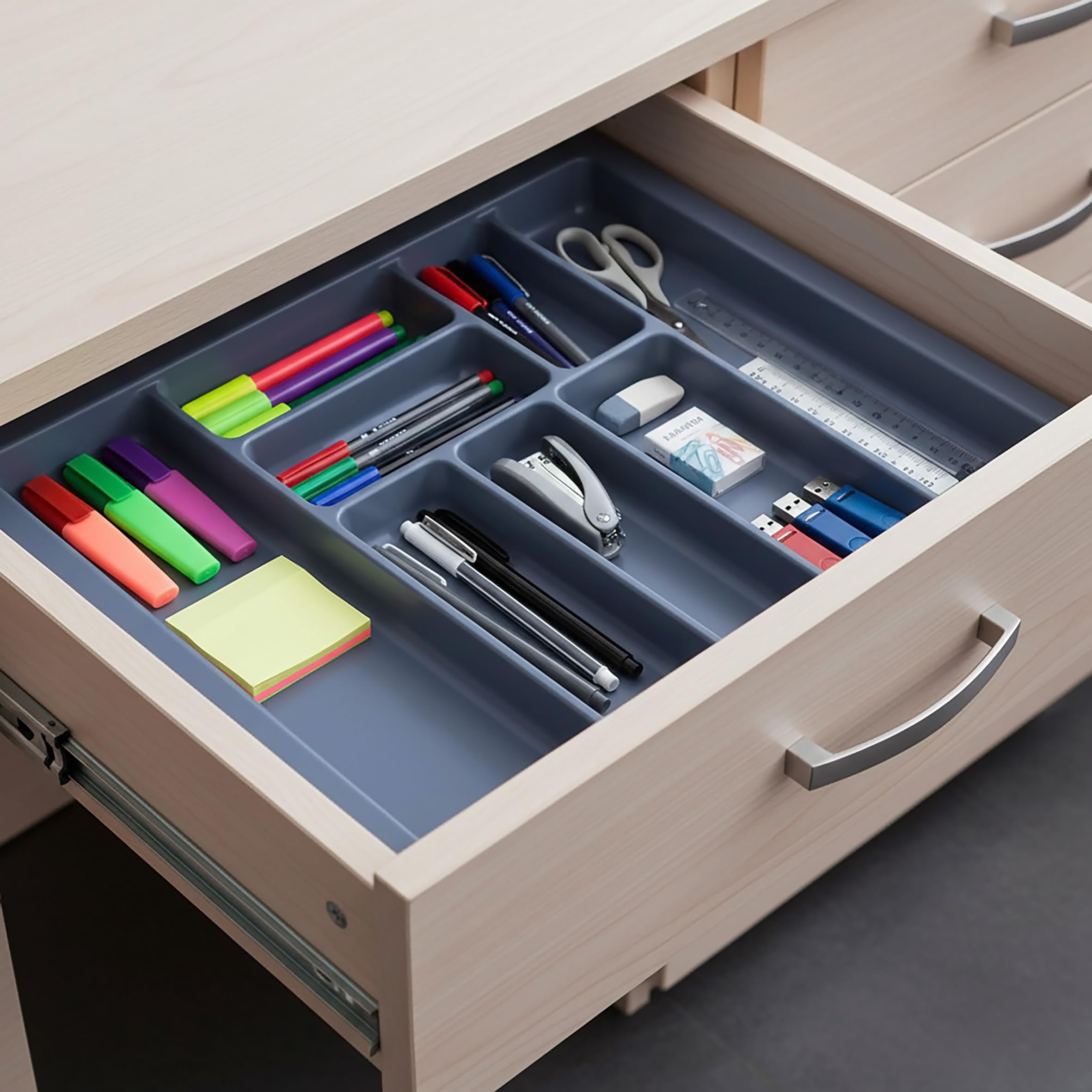 Mehrzweck Besteckeinsatz grau für Küchenschubladen Made in Germany - 54 x 48 cm - Kunststoff Schubladen Ordnungssystem schiefergrau - Universal Besteckkasten Küchen Büro Bastel Utensilien Organizer