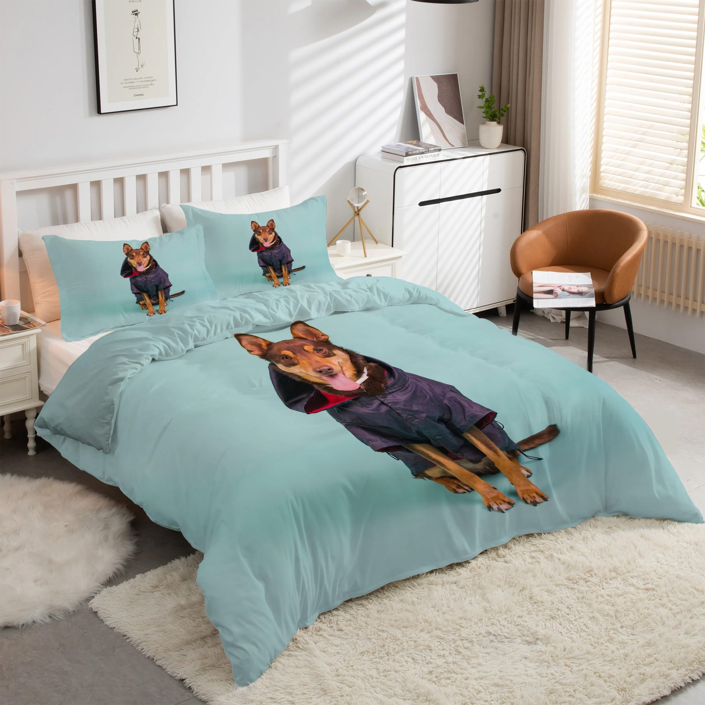 Housse de couette 160x200 chien carlin ensemble de literie 3 pièces microfibre