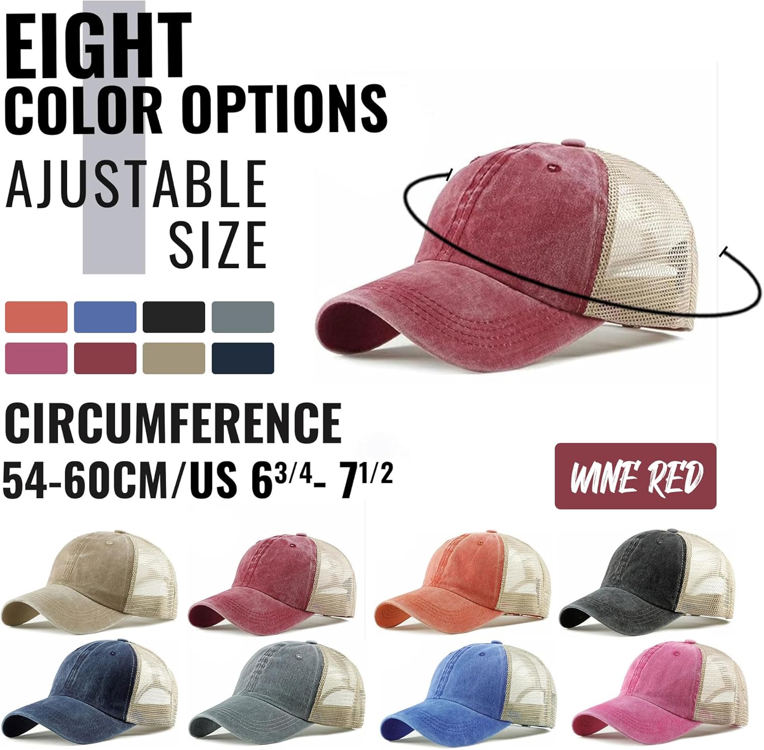 Croogo Men's Adjustable Mesh Back Cap Curved Bill Snapback Mesh Baseball Cap Retro Washed Trucker Cap Breathable Sun Hat - Image 5