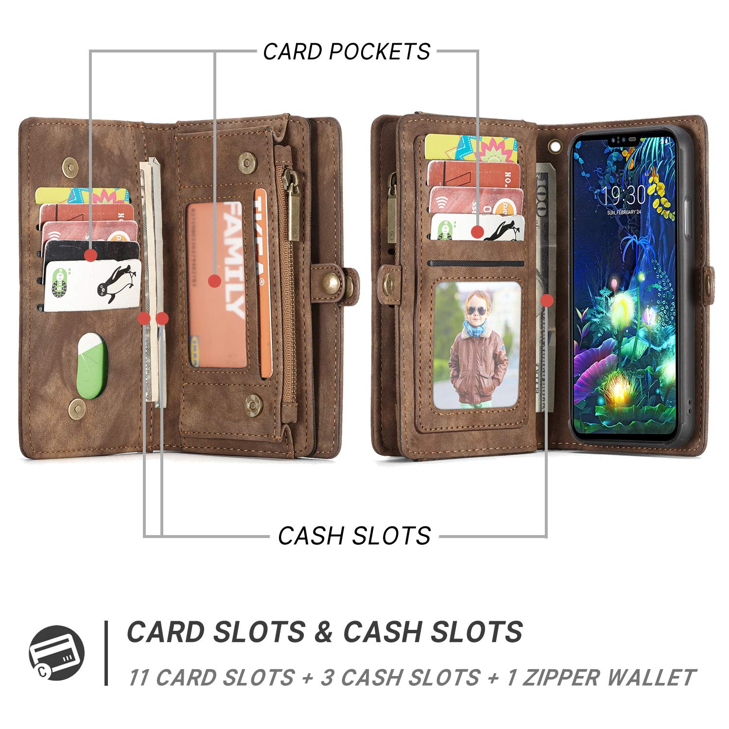 Simicoo LG Stylo 6 Leather Wallet Detachable Zipper Case 11 Card Slots Holder LG Stylo 6 Flip Magnetic case Handle Wrist Strap Shockproof Pocket Handbag for Man Woman (LG Stylo 6, Brown)