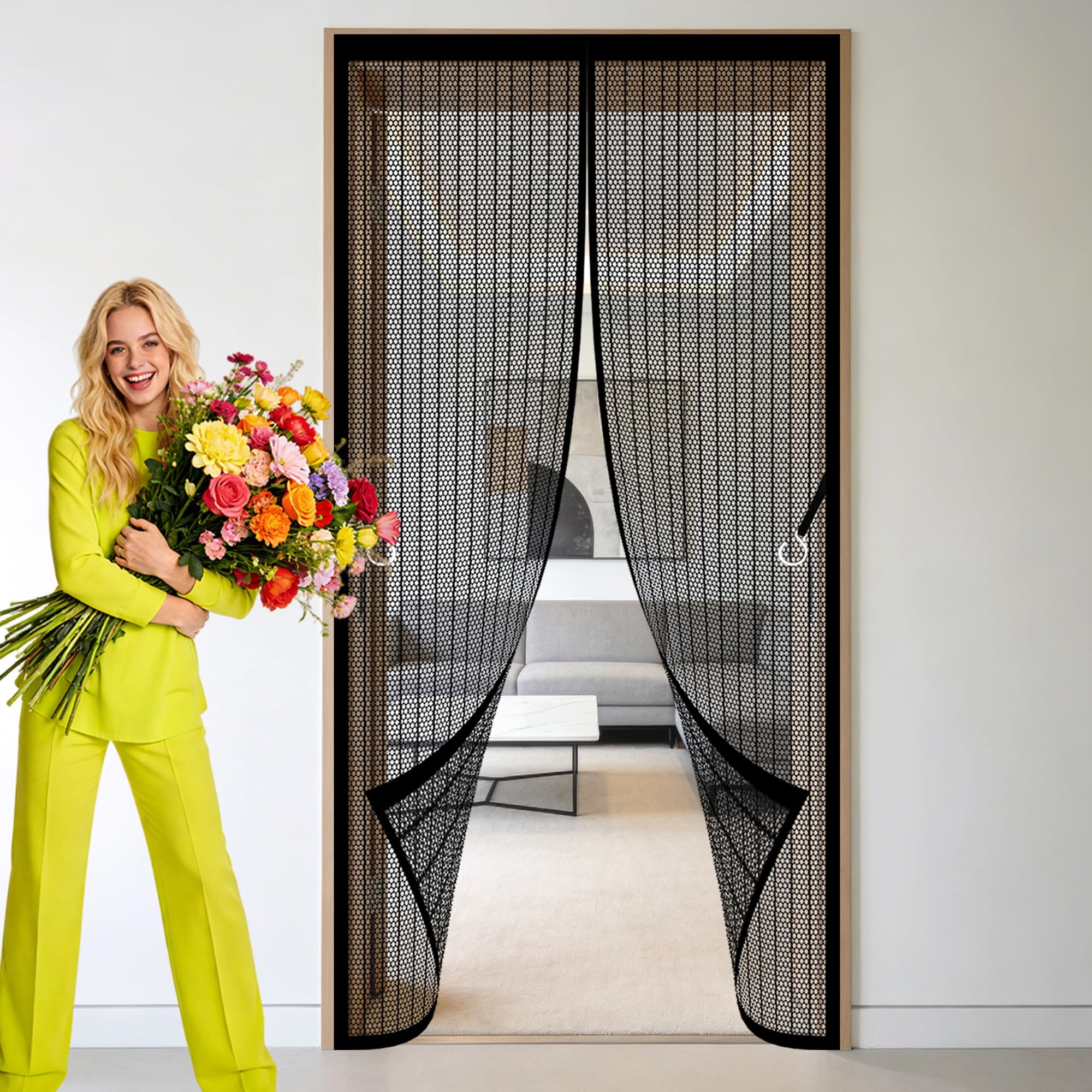 Gouer Black Magnetic Insect Screen Door 119 X 243 Cm Full Frame Magic Tape Insect Mesh Keep Bugs Out Lets Fresh Air For Living Room, Bedroom, Patio,