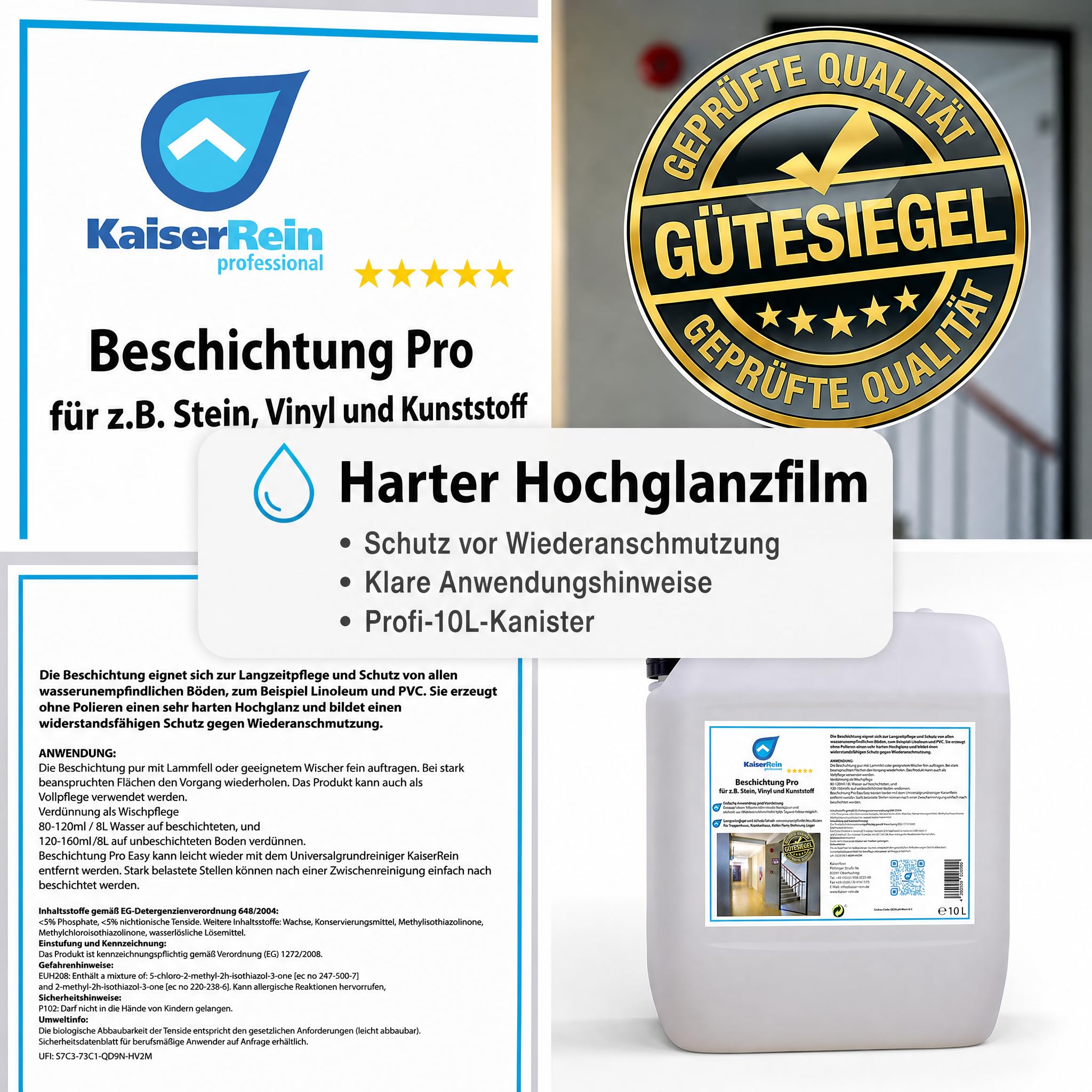 KaiserRein Bodenbeschichtung Beschichtung Pro Easy, Bodenversiegelung für wasserunempfindliche Böden, Hochglanz ohne Polieren, für Vinyl, PVC, Linoleum, Stein & Kunststoff, 10 L