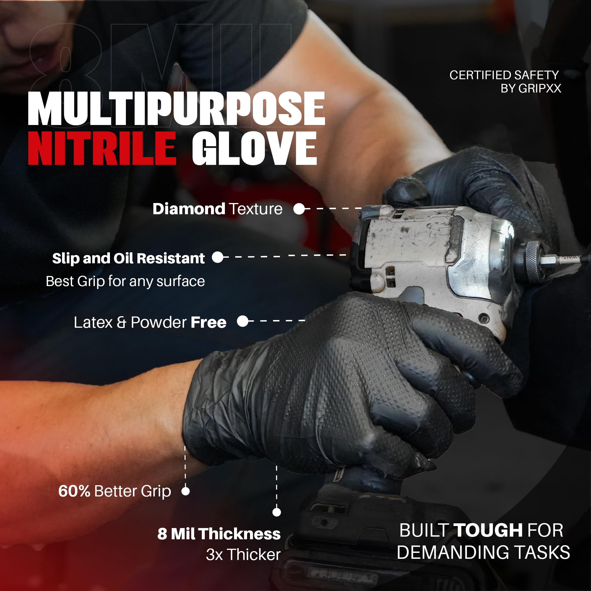 GRIPXX Guantes de nitrilo negros de 8 mm – Muy resistentes, textura de diamante en relieve 3D – Sin látex y sin polvo – Industrial, mecánico, servicio de alimentos – Guantes desechables para tareas