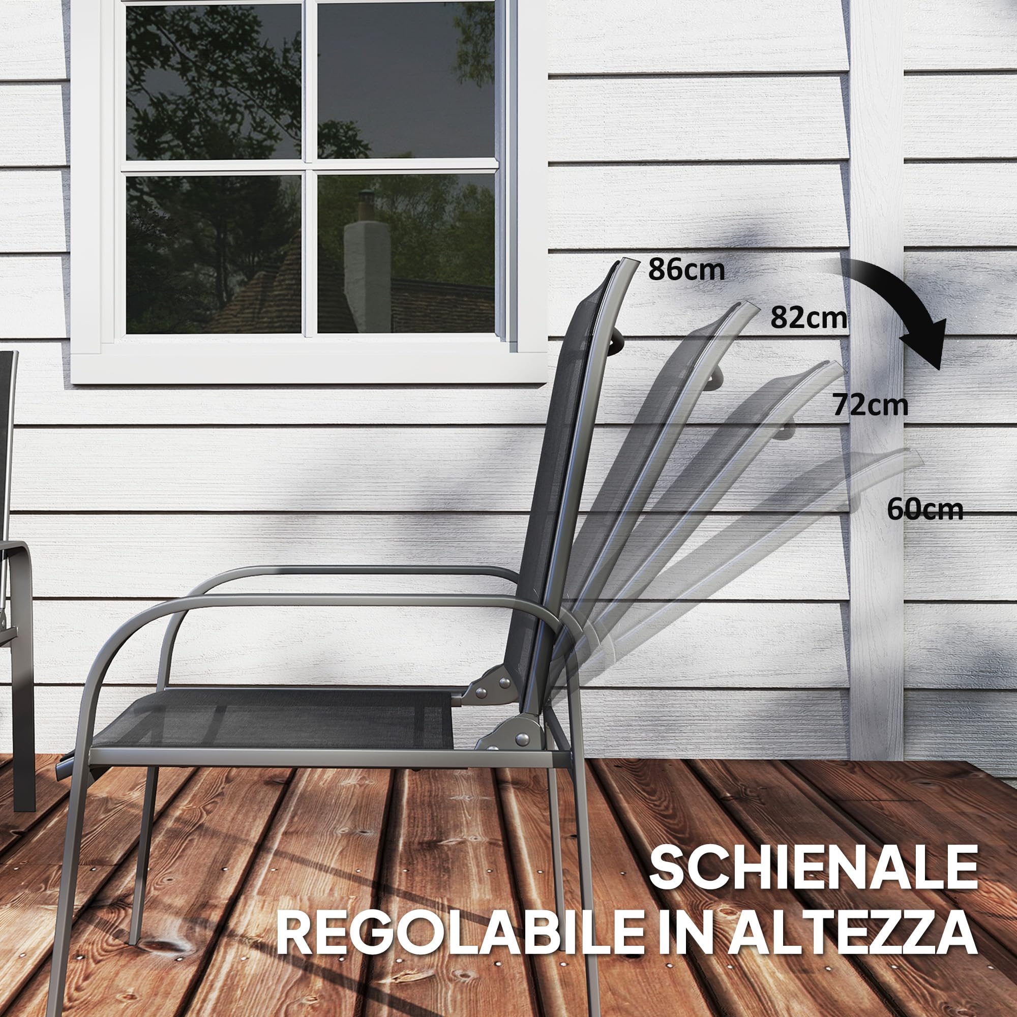 Outsunny Set Salotto da Giardino 4 Pezzi, Divanetto Esterno 2 Posti Schienale Regolabile, Tavolo Caffè Vetro, Impermeabile Acciaio Textilene Nero