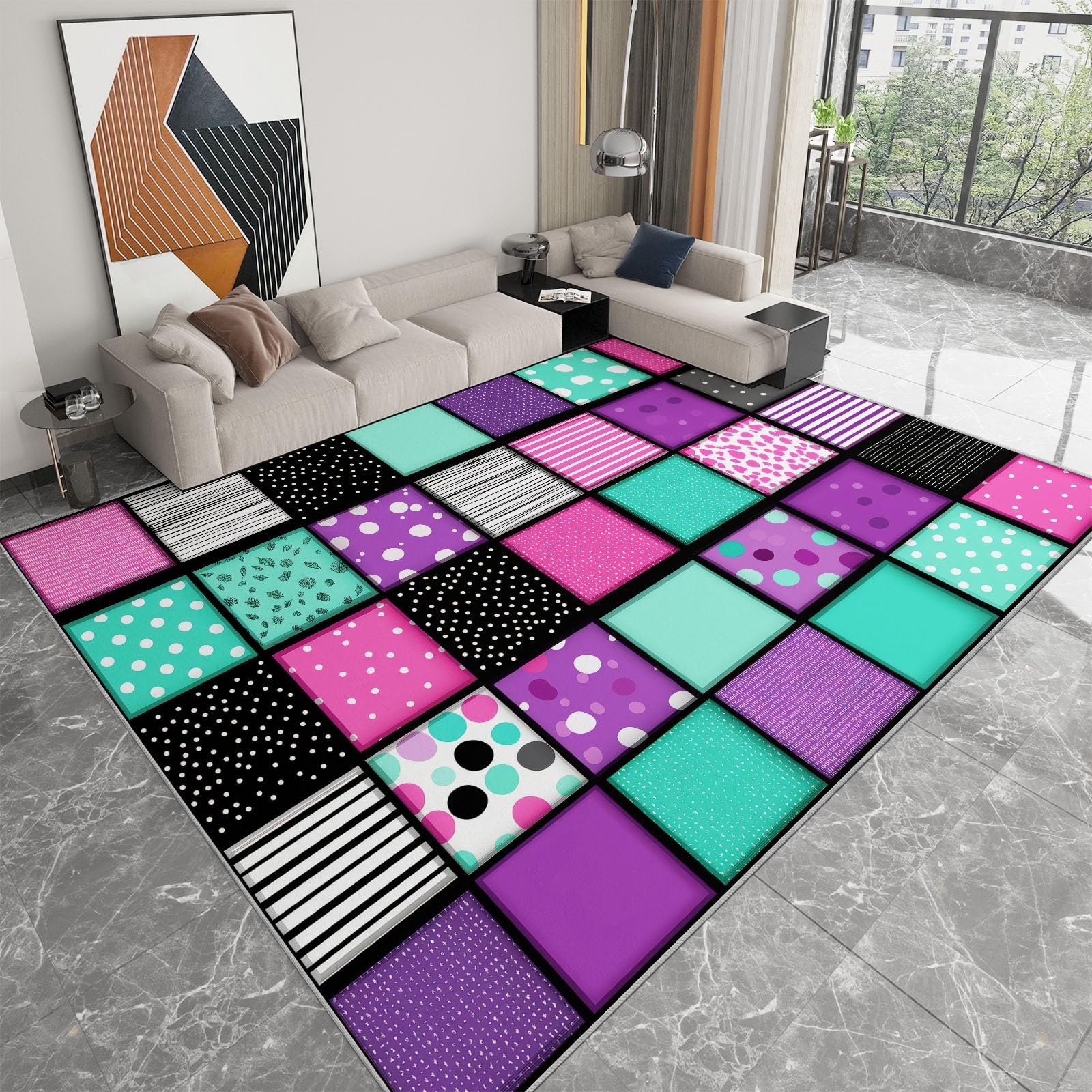 Dywan zmywalny 140 x 200 cm Abstrakcyjny do salonu, geometryczny wytrzymały antypoślizgowy dywanik w kropki - miękki dywanik z nadrukiem do sypialni sypialni kuchni