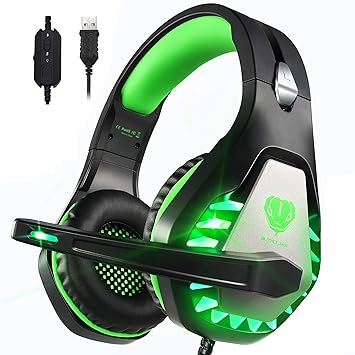 Pacrate 7.1 Stereo USB Gaming Headset with Noise Cancelling Microphone for PC Laptop Mac Surround Sound Headphones with LED Lights and Soft Earmuffs Pro Over-Ear Gaming Headset(Black Green)