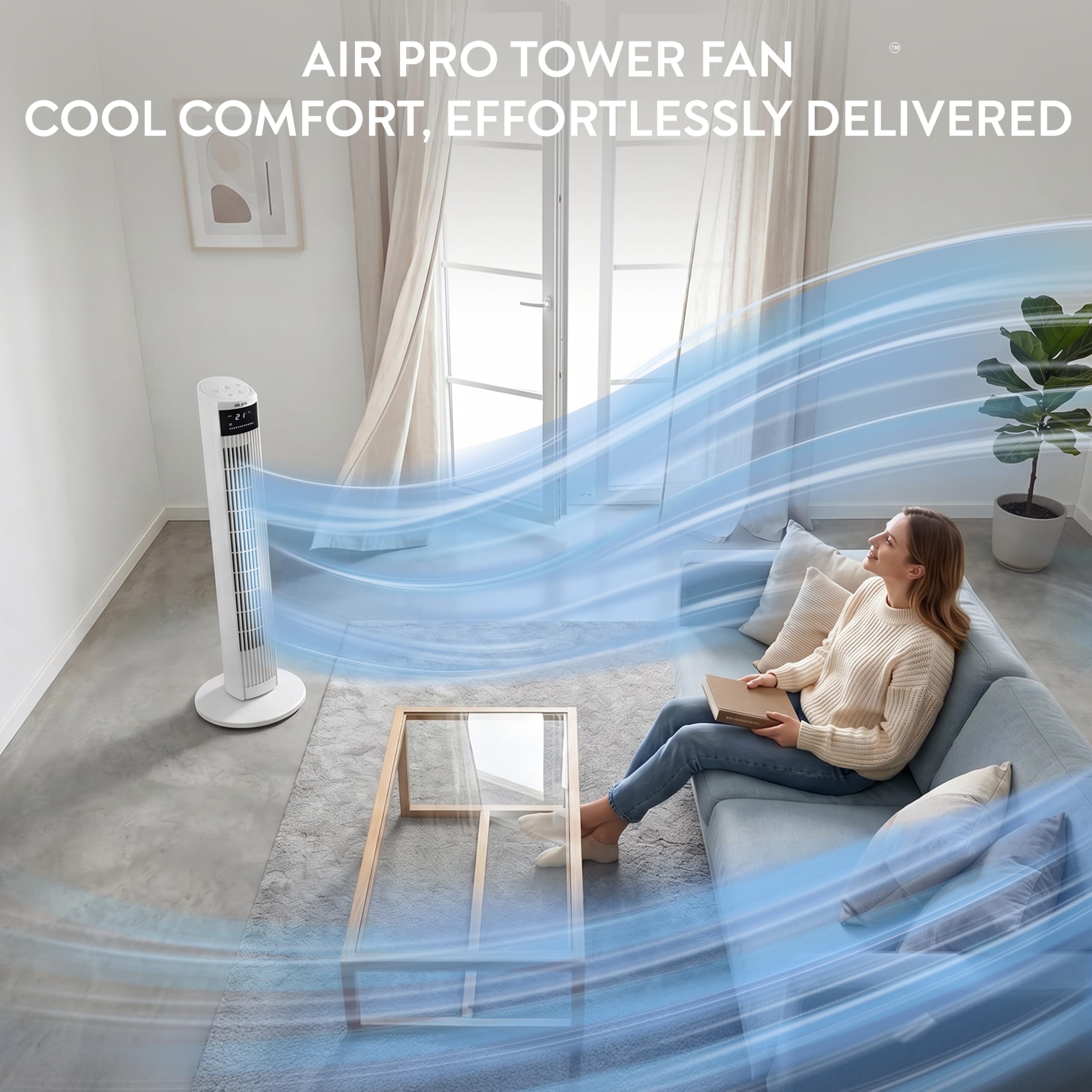 Air Pro 36" Tower Fan Oscillating Bladeless Fan with Remote Control - Tall Compact 3 Speeds Quiet 55W Motor Cooling Fan - Floor Standing Fan for Home Office - LED Display 15 Hour Timer