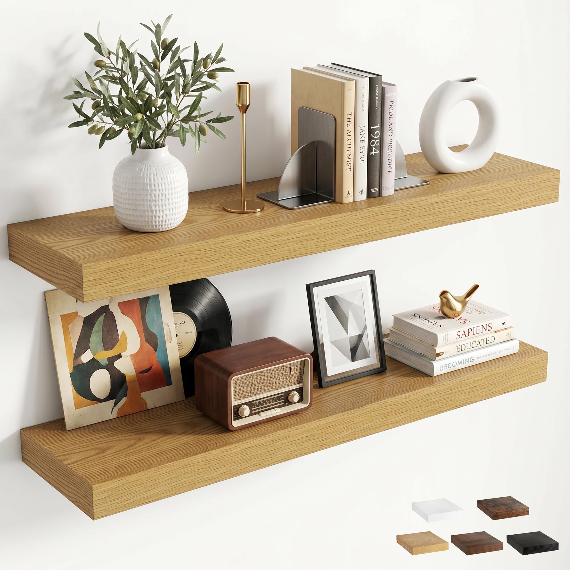 Floating Shelves Pack of 2, 80cm Wall Shelves, Oak Shelf with Robust Iron Assembly, Extra-Deep 19.5cm Floating Shelf, Wooden Shelves for Kitchen, Bedroom, Living Room, Bathroom Organizer, Wall Décor