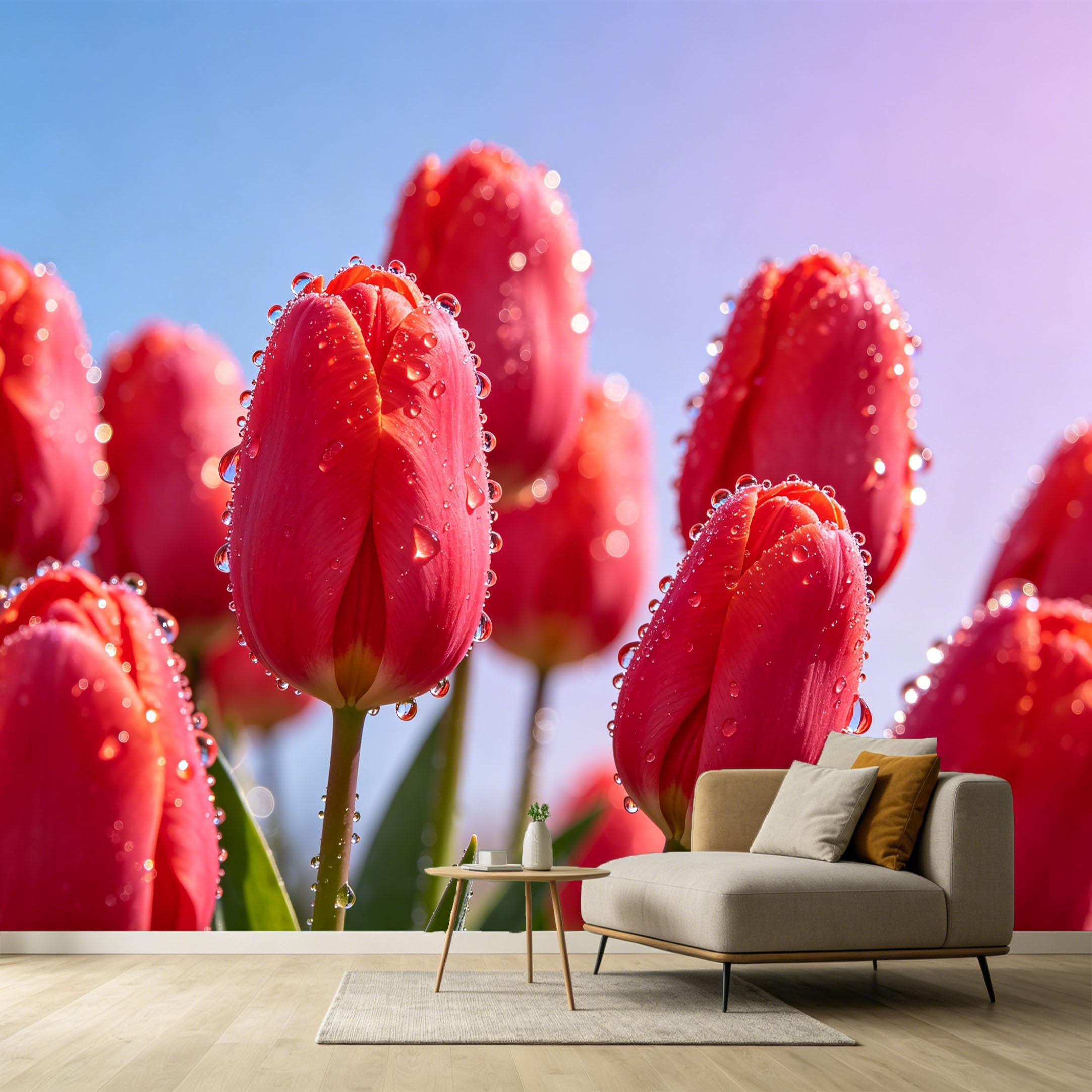 Custom Size Wall Murals Red Tulip Botanical Watercolor Macro Dew Drops SelfAdhesive Wall Fabric Removable Large Wallpaper for Photo Living Room Interior Decor