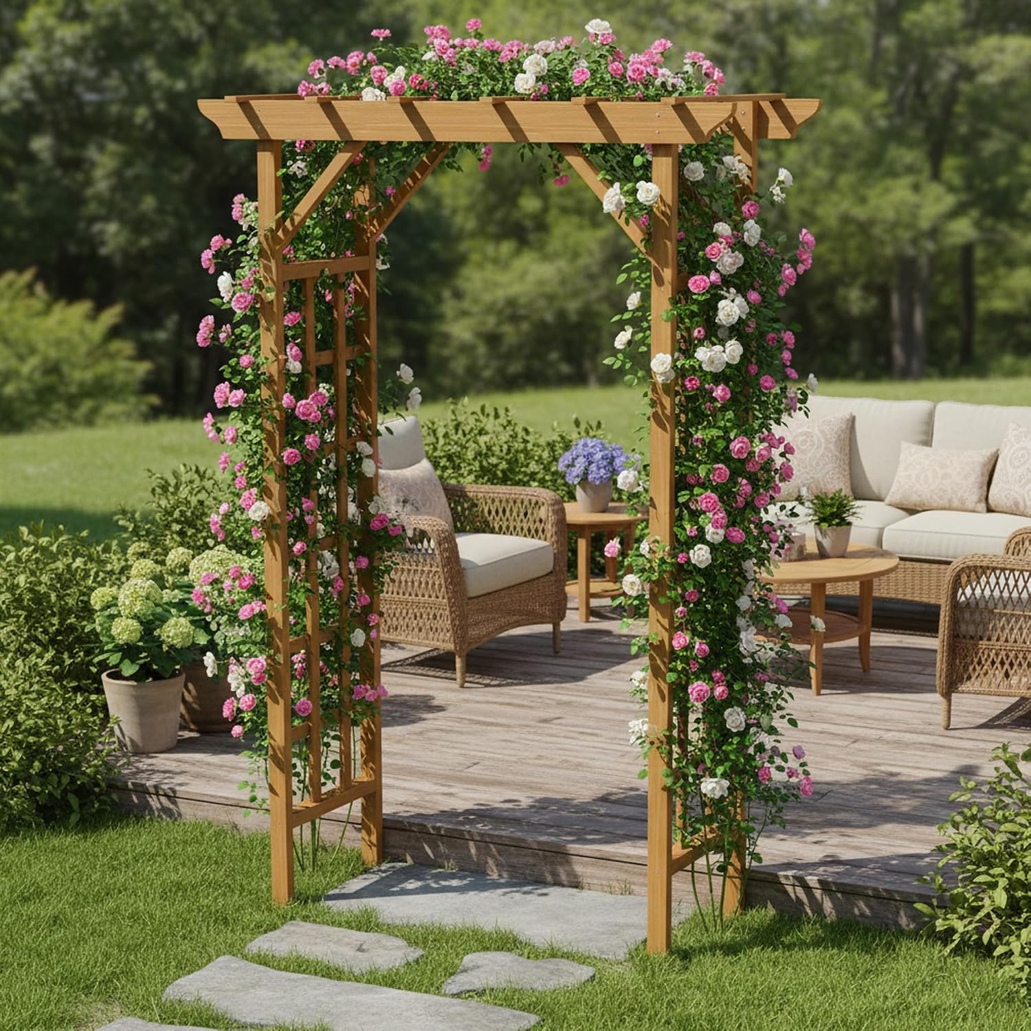 Garden Arch Arbor Trellis, Outdoor Wooden Arbor with Width 57'', Wood Archway for Climbing Plants, Wide Sturdy Garden Arch for Lawn, Party, Ceremony Wedding Decoration, Light Brown