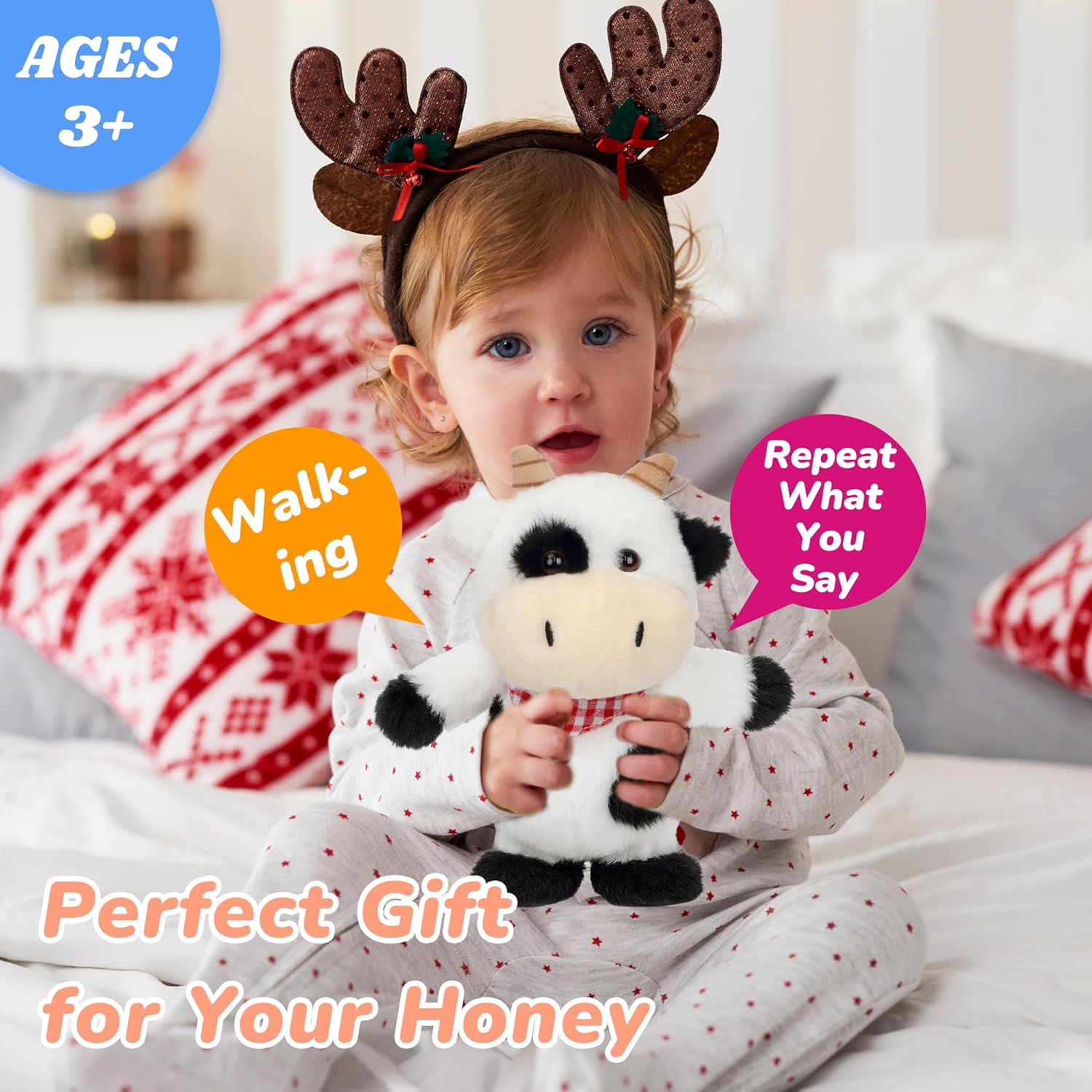 Hopearl Talking Singing Cow with Red Bib Repeats What You Say Walking Dairy Cattle Electric Interactive Animated Toy Speaking Plush Buddy Gifts for Toddlers, 9'' - Image 6