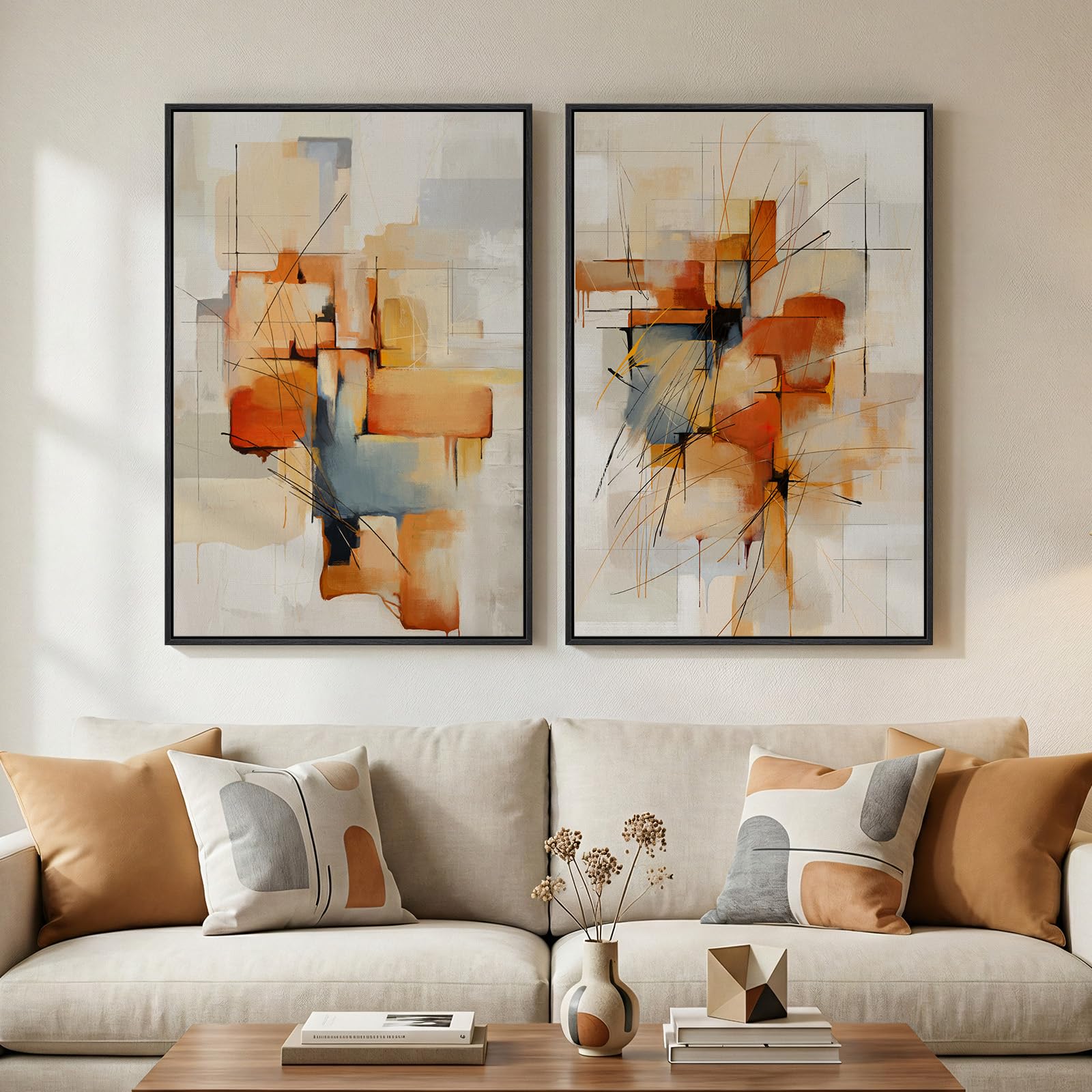 Photo 1 of ***STOCK PHOTO FOR REFERENCE ONLY*** Large Framed Abstract Canvas Wall Art, 2 Piece Modern Prints Paintings Artwork for Walls, Minimalist Blue Orange Block Pictures for Living Room Dining Room Bedroom Hallway Wall Decor 24x36 In