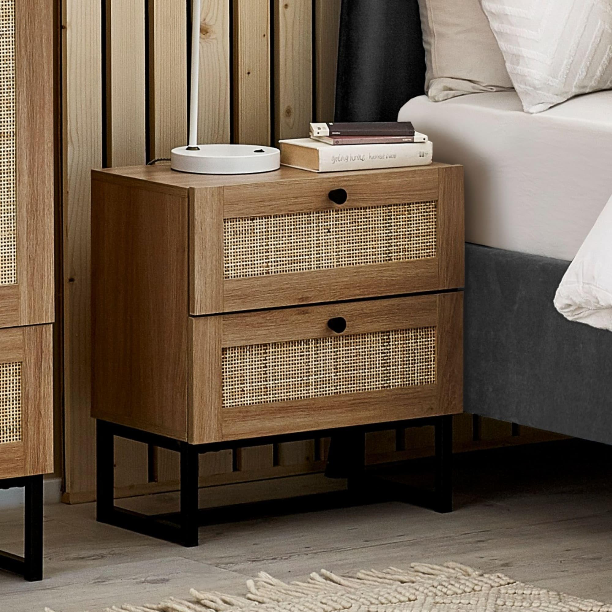 Julian Bowen Padstow Rattan and Oak 2 Drawer Bedside Table